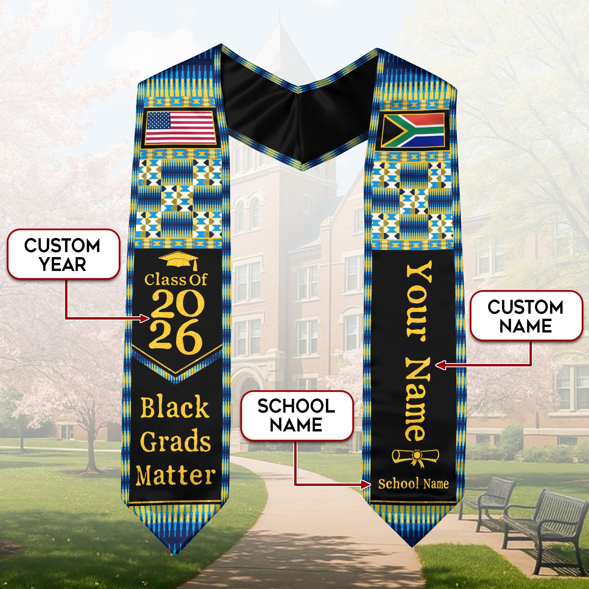 Customized South Africa Graduation Stole with National Flag Heritage Design, Graduation Sash for Class of 2026