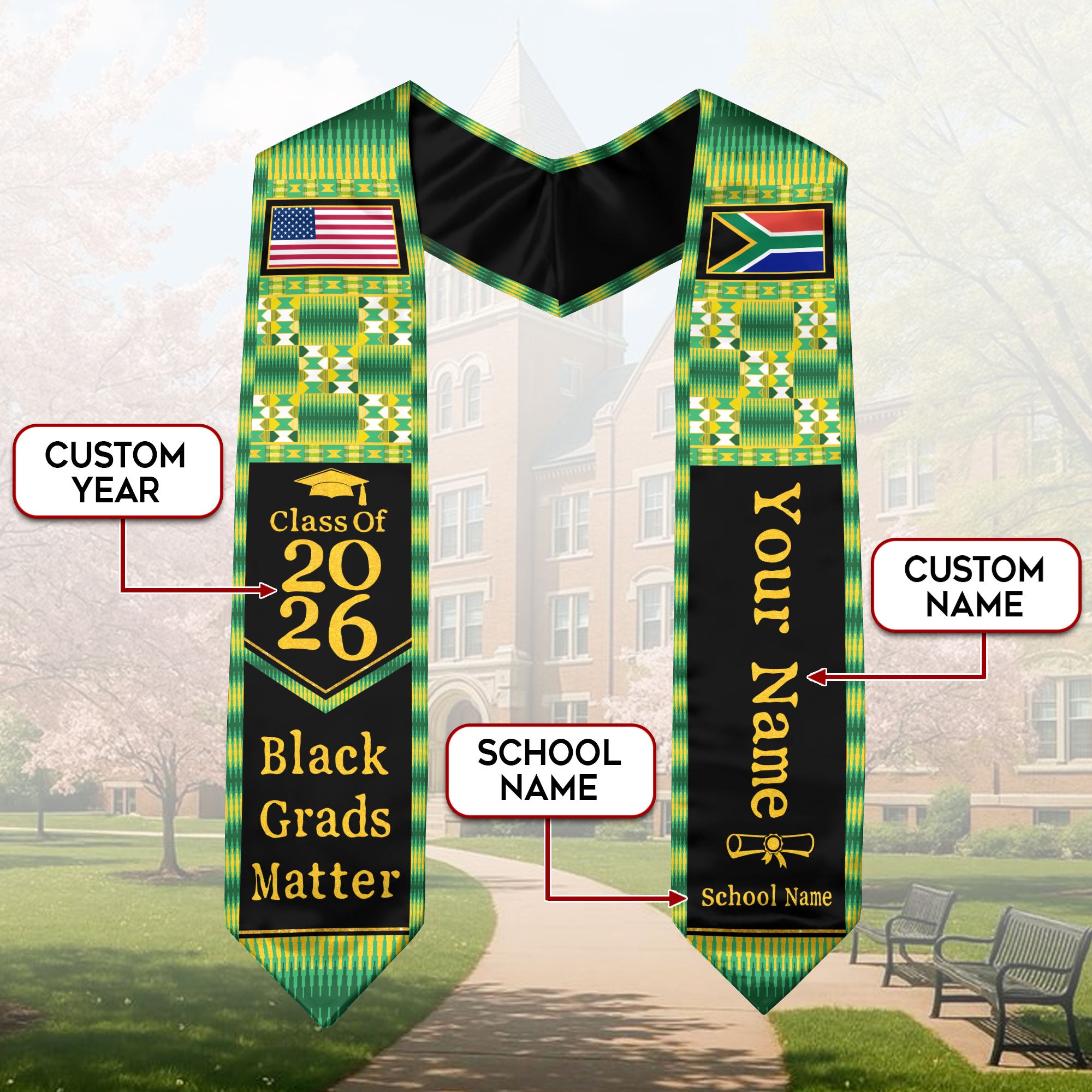 Customized South Africa Graduation Stole Featuring Cultural Flag Pride Style, Graduation Sash Class of 2026
