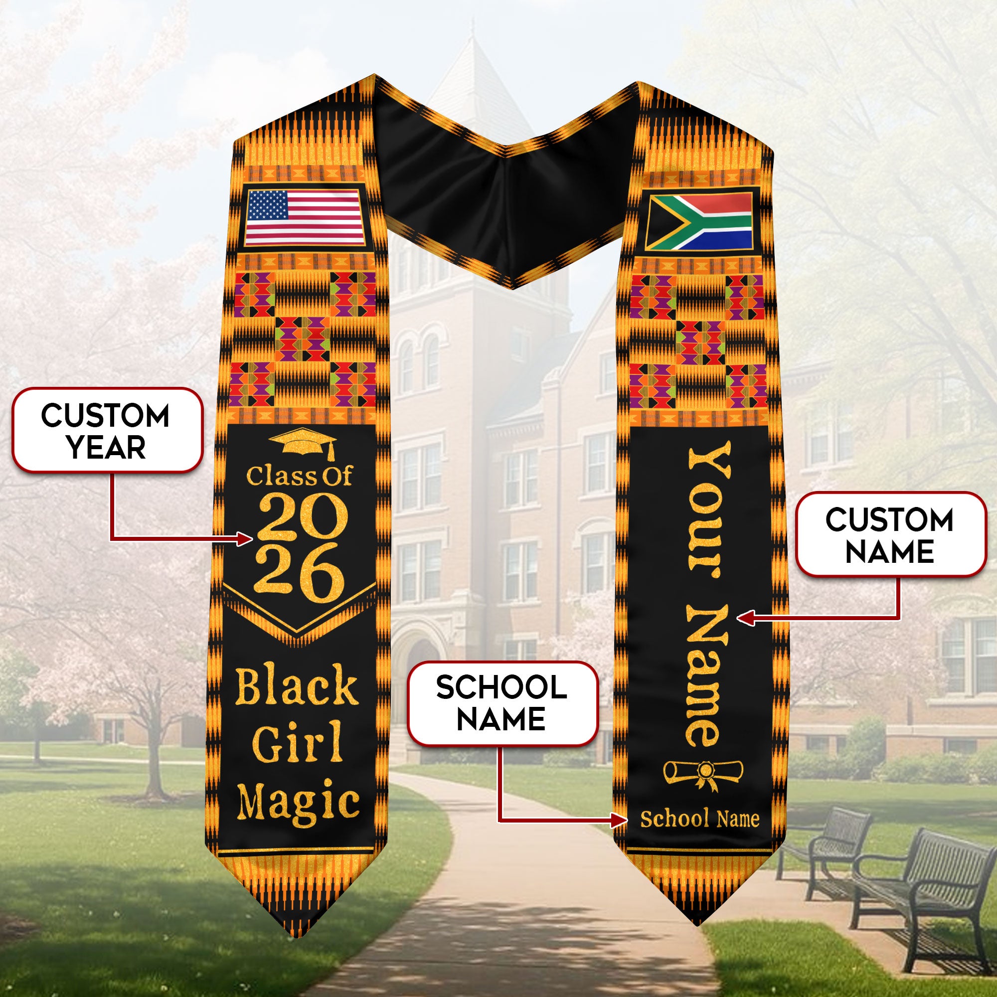 Customized Graduation Stole South Africa with Flag Inspired Pattern, Graduation Sash for Class of 2026