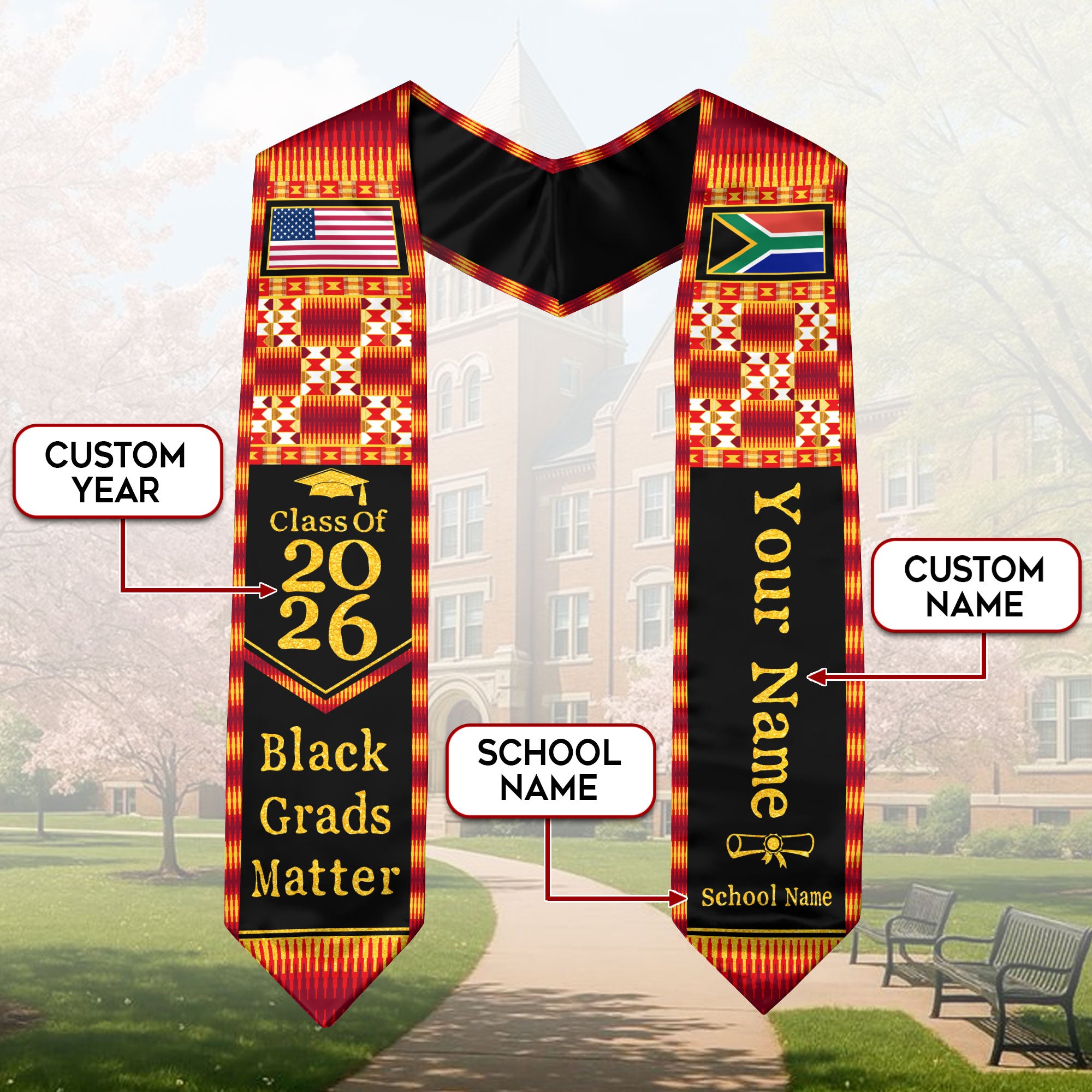 Customized South Africa Graduation Sash with Heritage Flag Motif, Ceremony Stole for Class of 2026