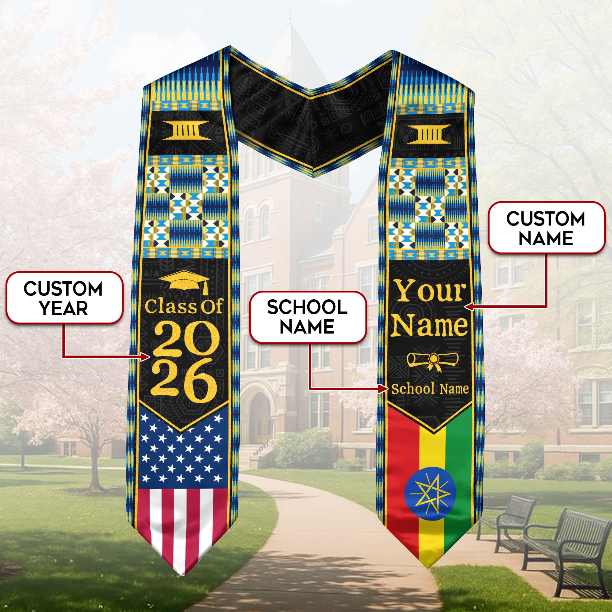 Customized Ethiopia Graduation Stole Featuring Ethiopian Flag Heritage Style, Graduation Sash Class of 2026