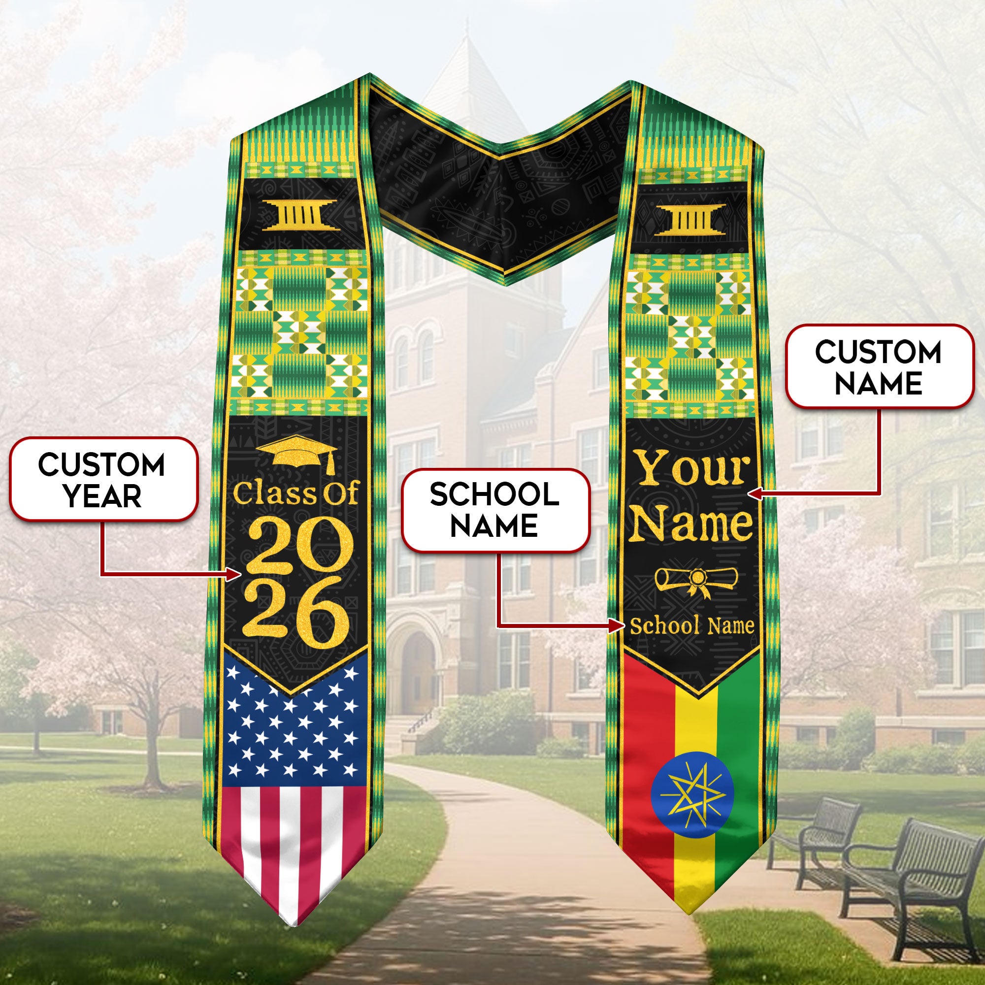Customized Ethiopian Graduation Stole with National Flag Inspired Design, Graduation Sash 2026