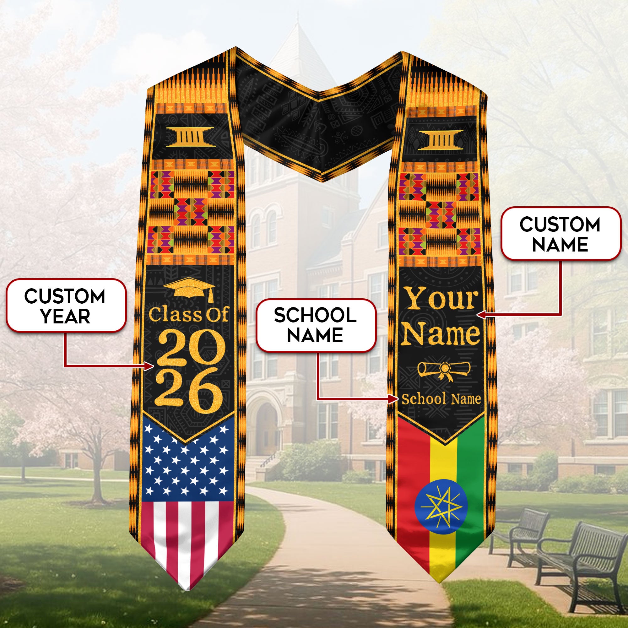Customized Graduation Stole Ethiopia Showcasing Cultural Flag Pride Motif, Graduation Sash Class of 2026