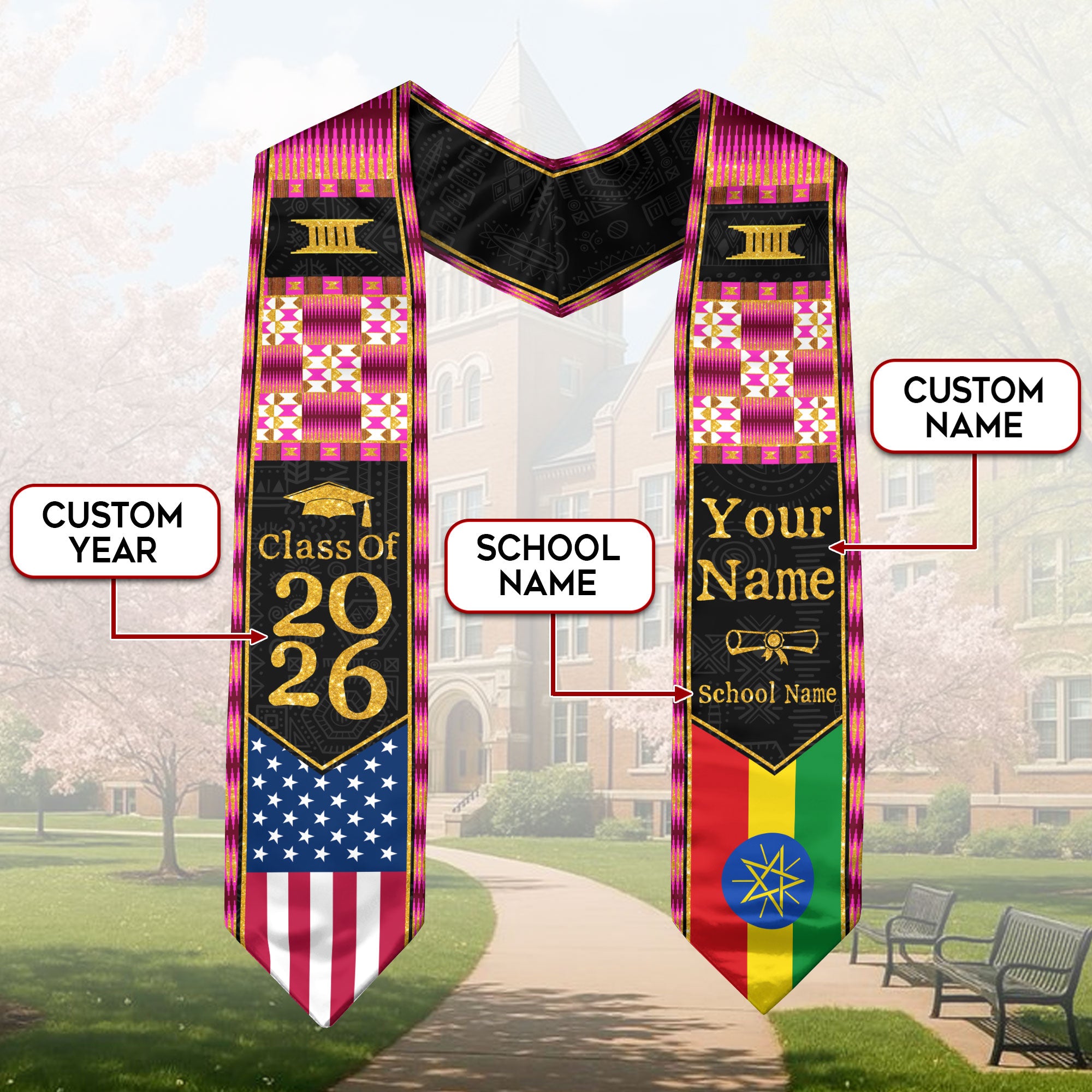 Customized Ethiopia Graduation Sash Highlighting Traditional Flag Accents, Ceremony Stole 2026