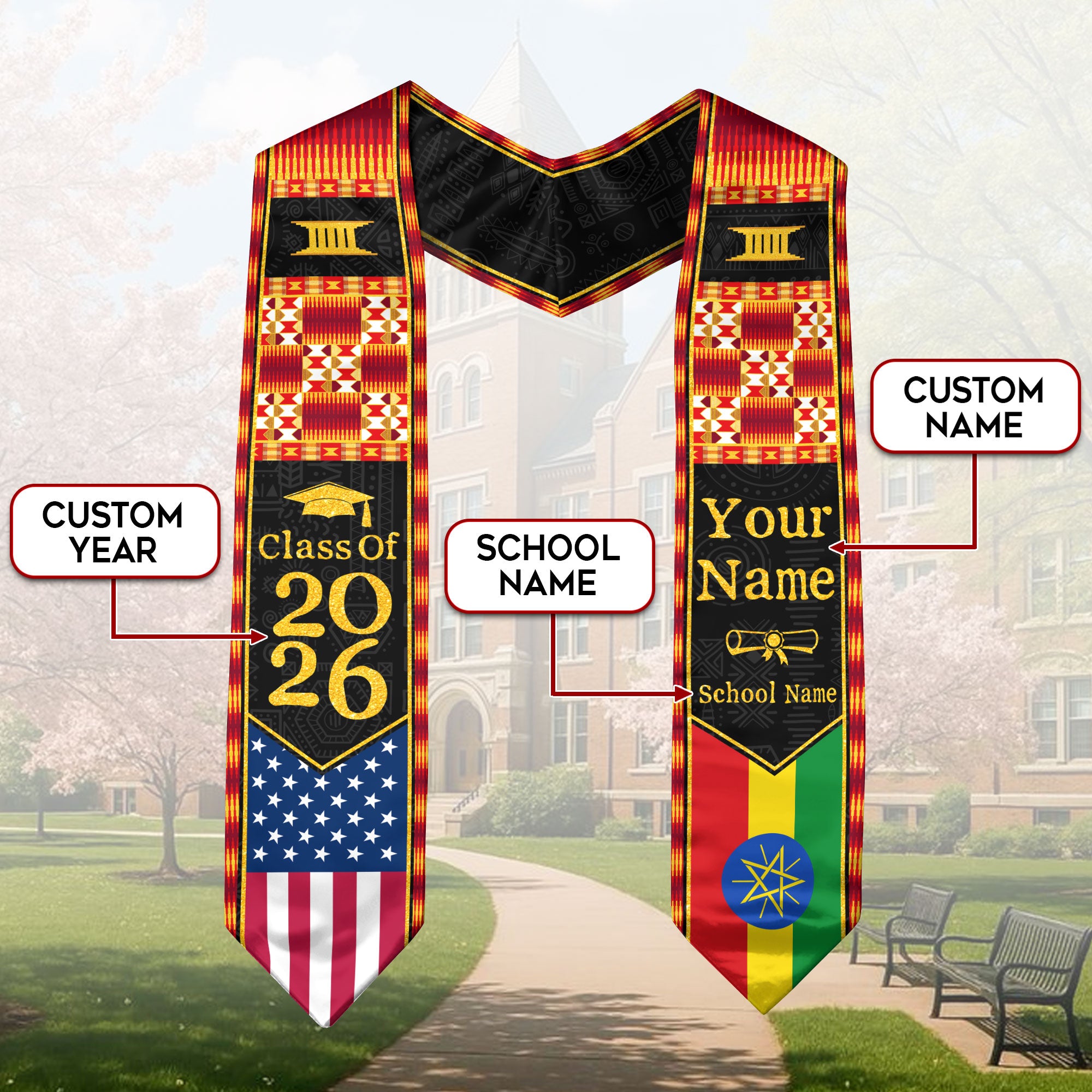 Customized Ethiopian Graduation Stole Featuring Flag Identity Pattern, Graduation Sash Class of 2026