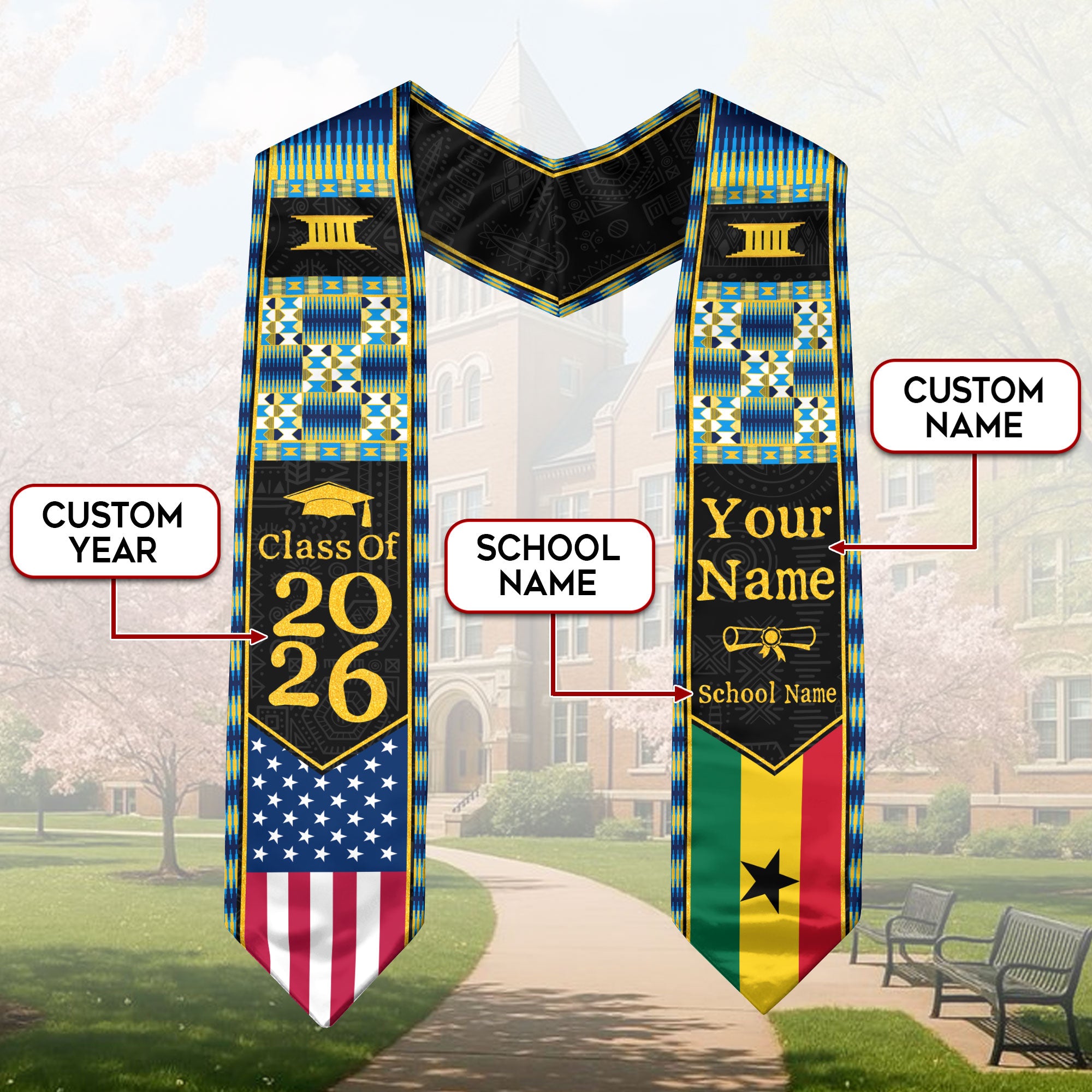 Customized Ghana Graduation Stole Featuring Ghanaian Flag Heritage Design, Graduation Sash Class of 2026