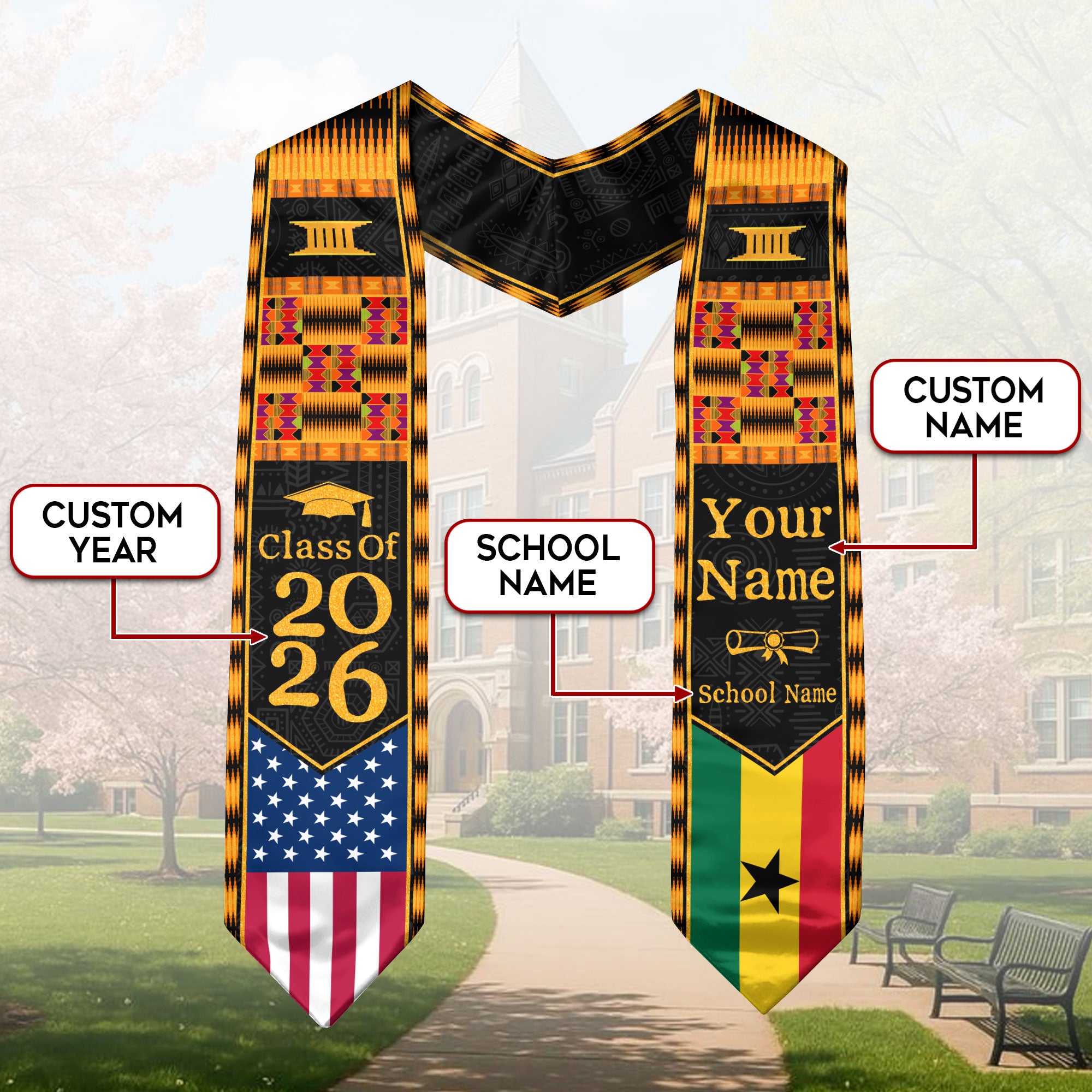 Customized Ghana Graduation Stole Showcasing Cultural Flag Pride Motif, Graduation Sash Class of 2026