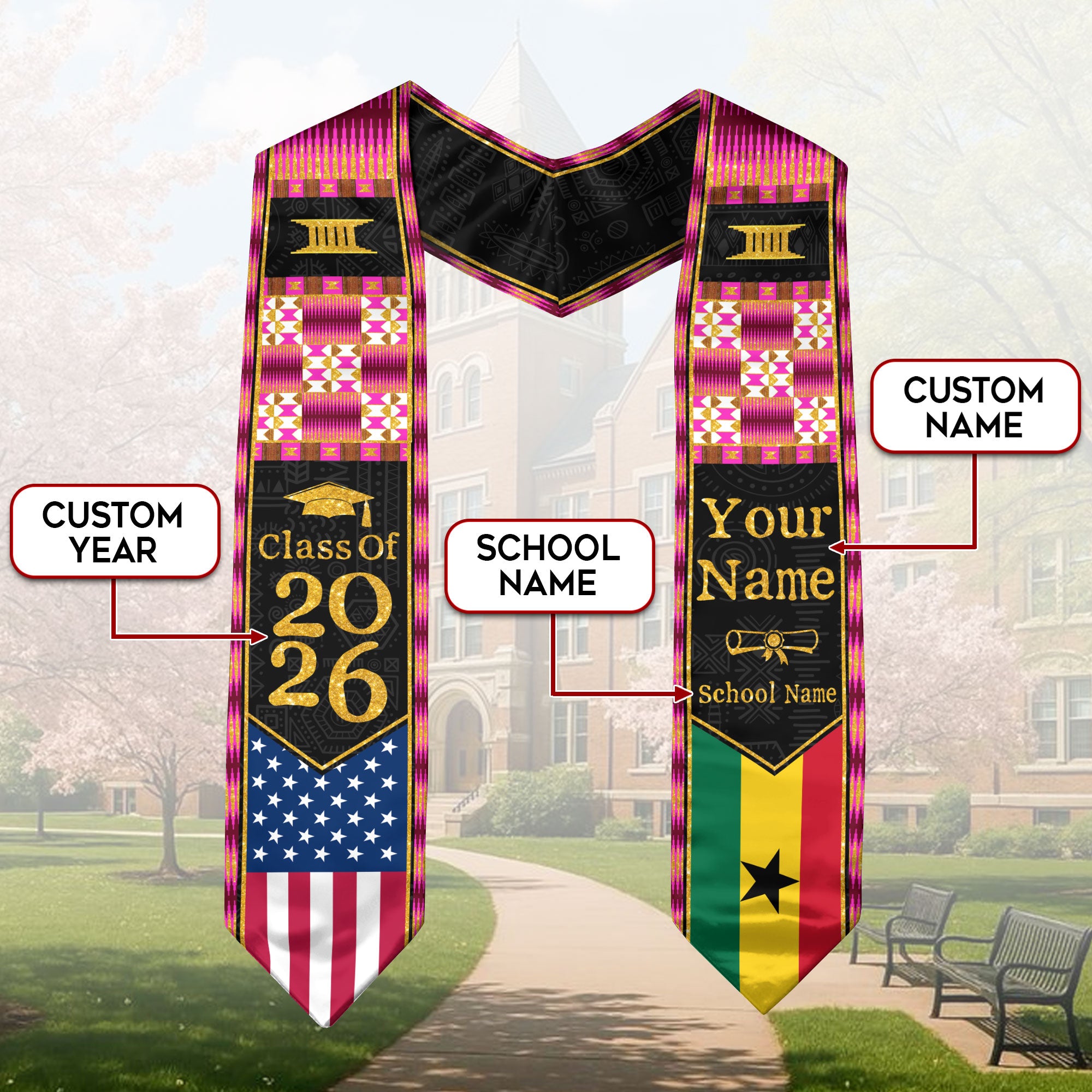 Customized Ghana Graduation Sash Highlighting Traditional Flag Accents, Ceremony Stole 2026