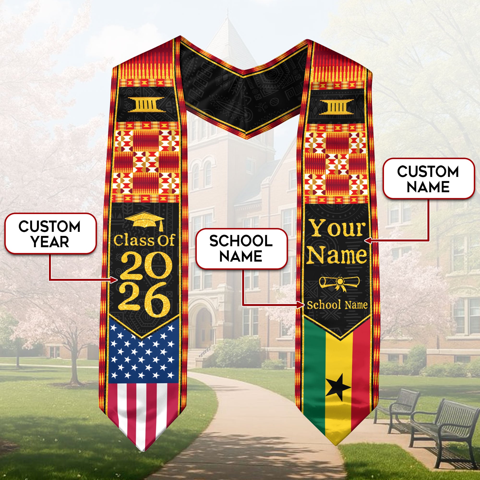 Customized Ghanaian Graduation Stole Featuring Flag Identity Design, Graduation Sash Class of 2026
