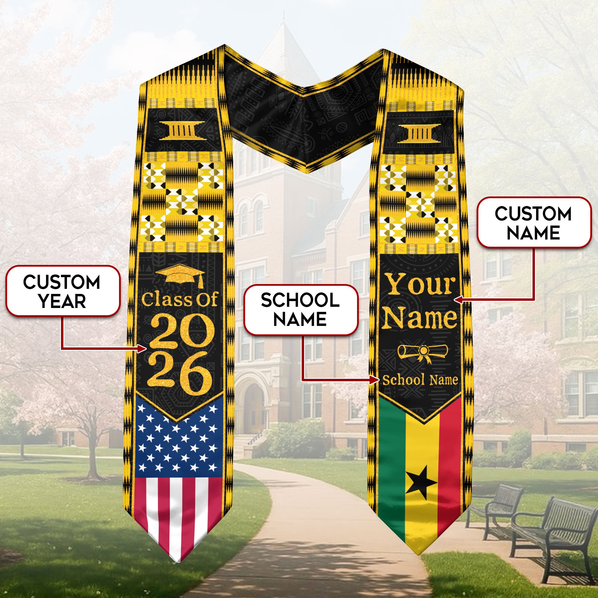 Customized Ghana Graduation Stole with Patriotic Flag Color Pattern, Graduation Sash 2026