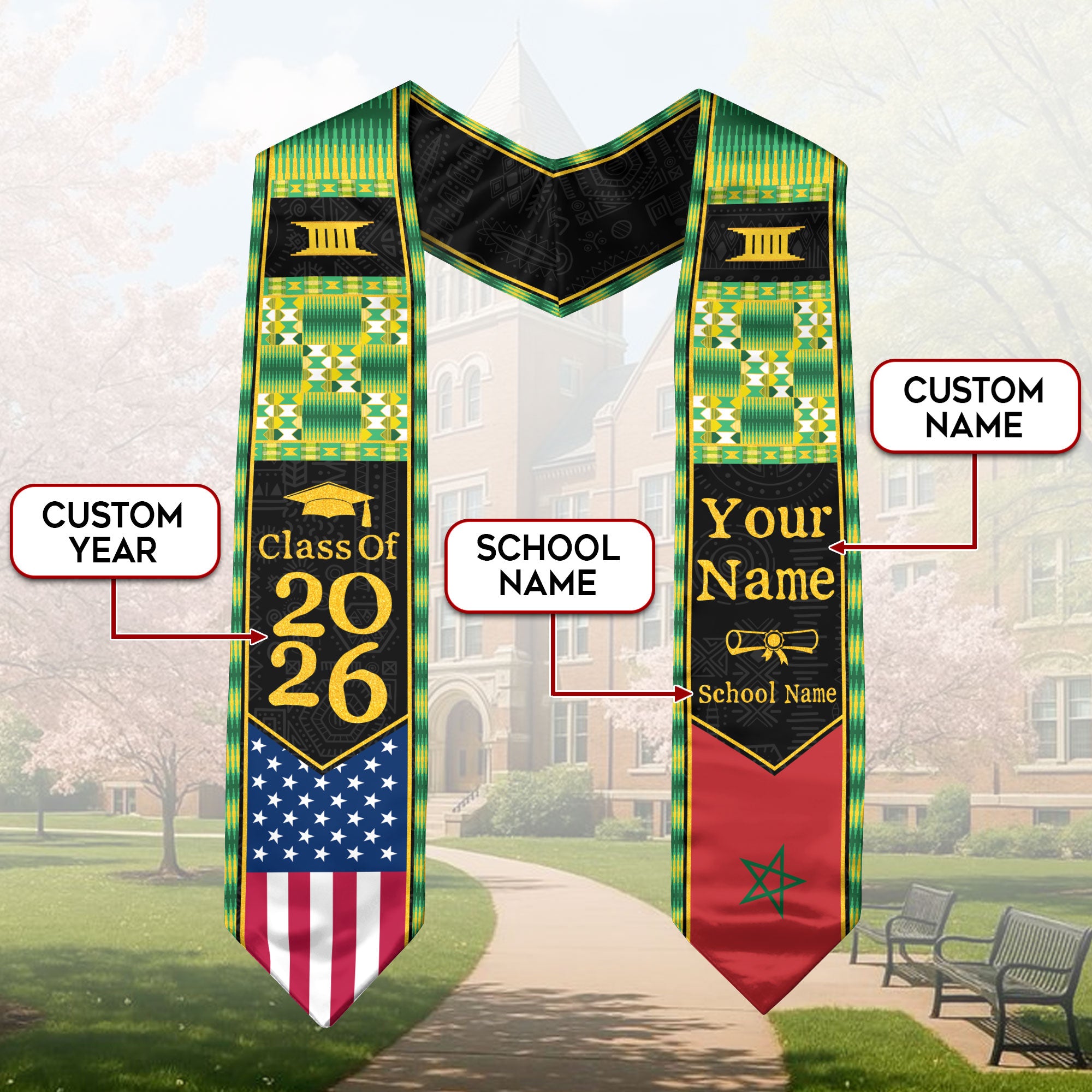 Customized Moroccan Graduation Stole with National Flag Inspired Accents, Graduation Sash 2026