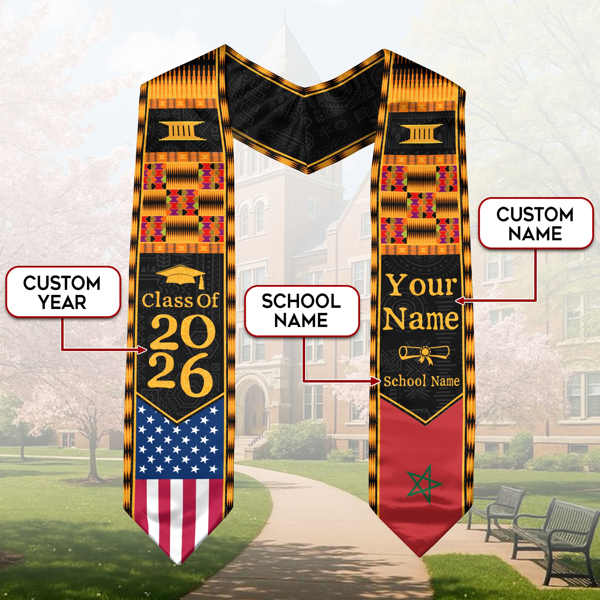 Customized Graduation Stole Morocco Showcasing Cultural Flag Motif, Graduation Sash Class of 2026