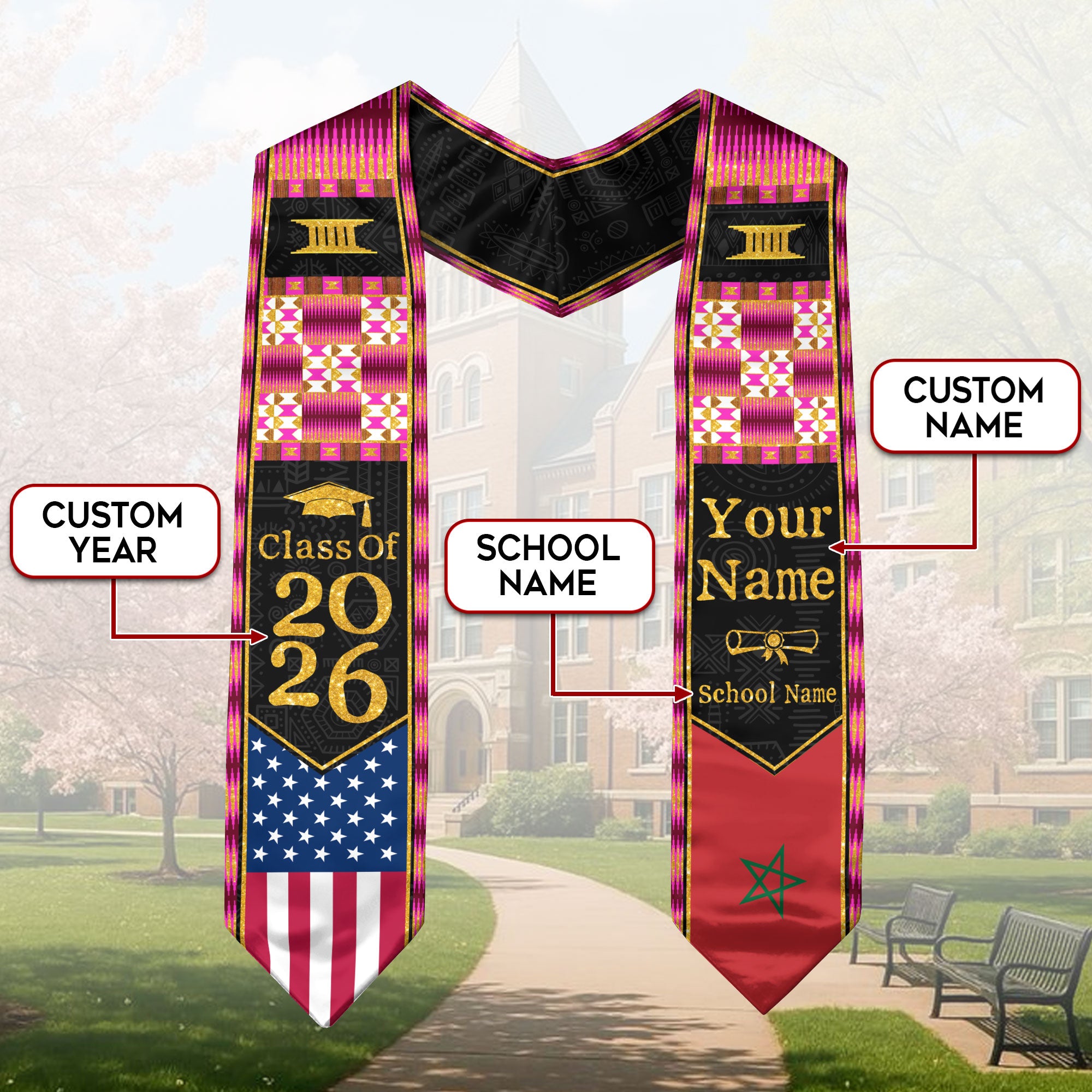 Customized Morocco Graduation Sash Highlighting Traditional Flag Design, Ceremony Stole 2026
