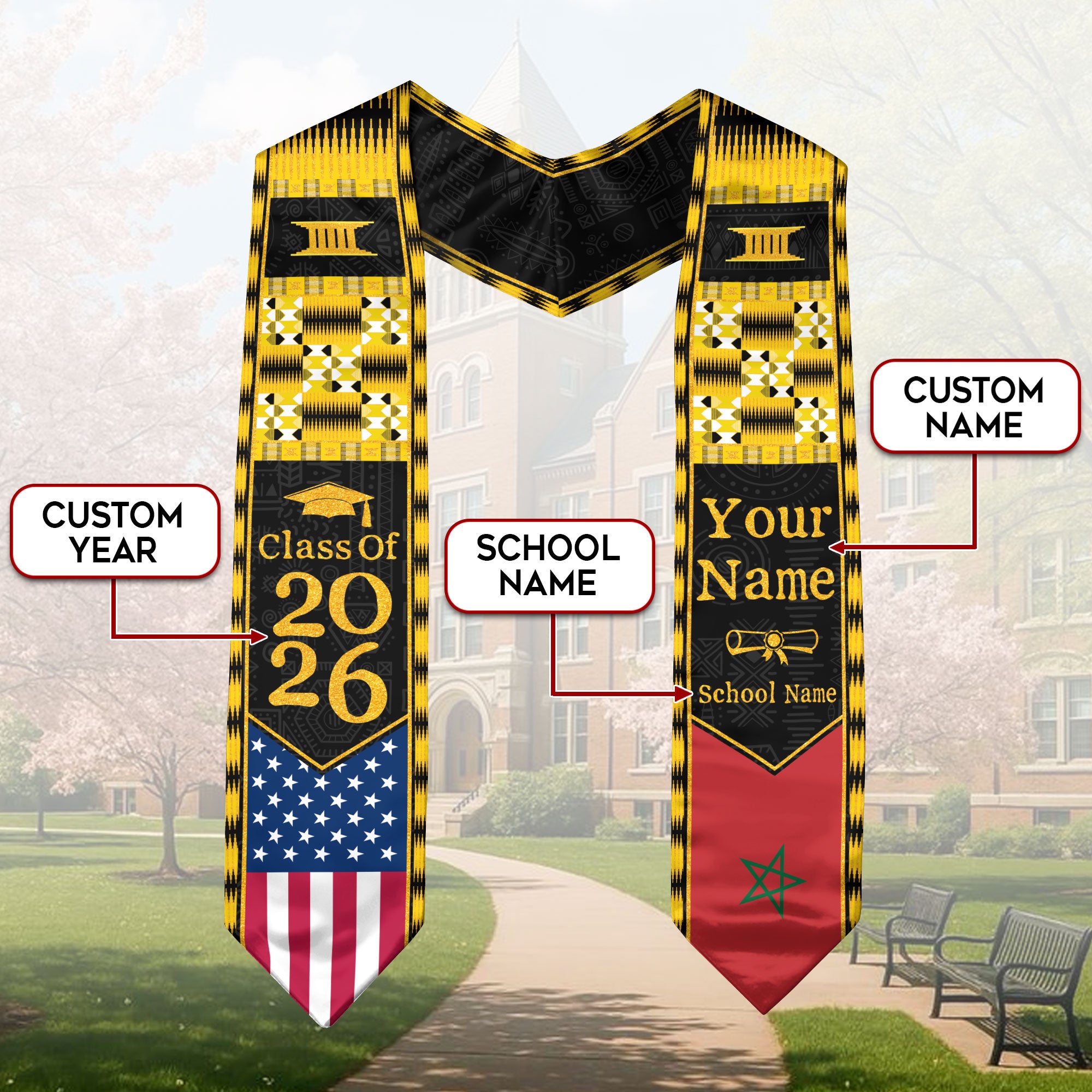 Customized Morocco Graduation Stole with Patriotic Flag Identity Style, Graduation Sash 2026