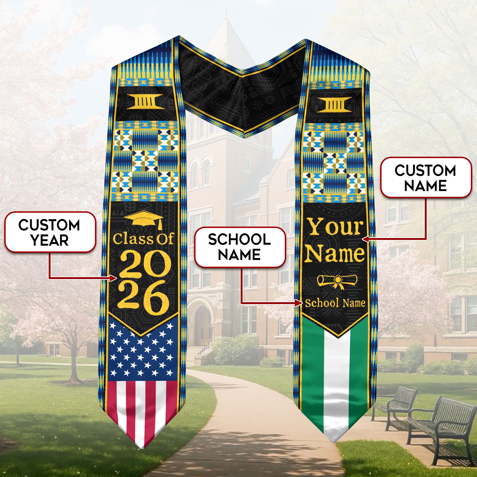 Customized Nigeria Graduation Stole Featuring Nigerian Flag Heritage Design, Graduation Sash Class of 2026