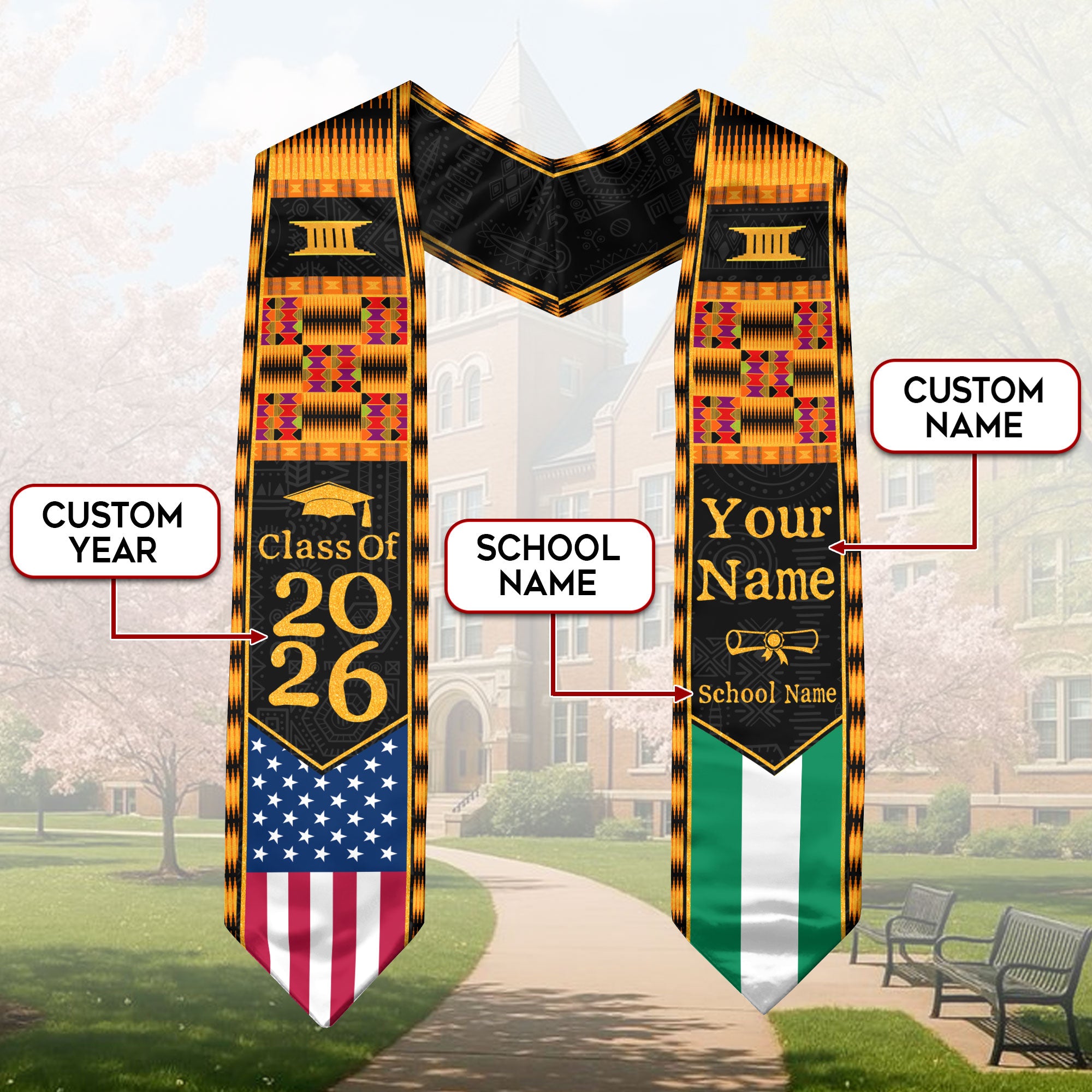 Customized Graduation Stole Nigeria Showcasing Cultural Flag Pride, Graduation Sash Class of 2026