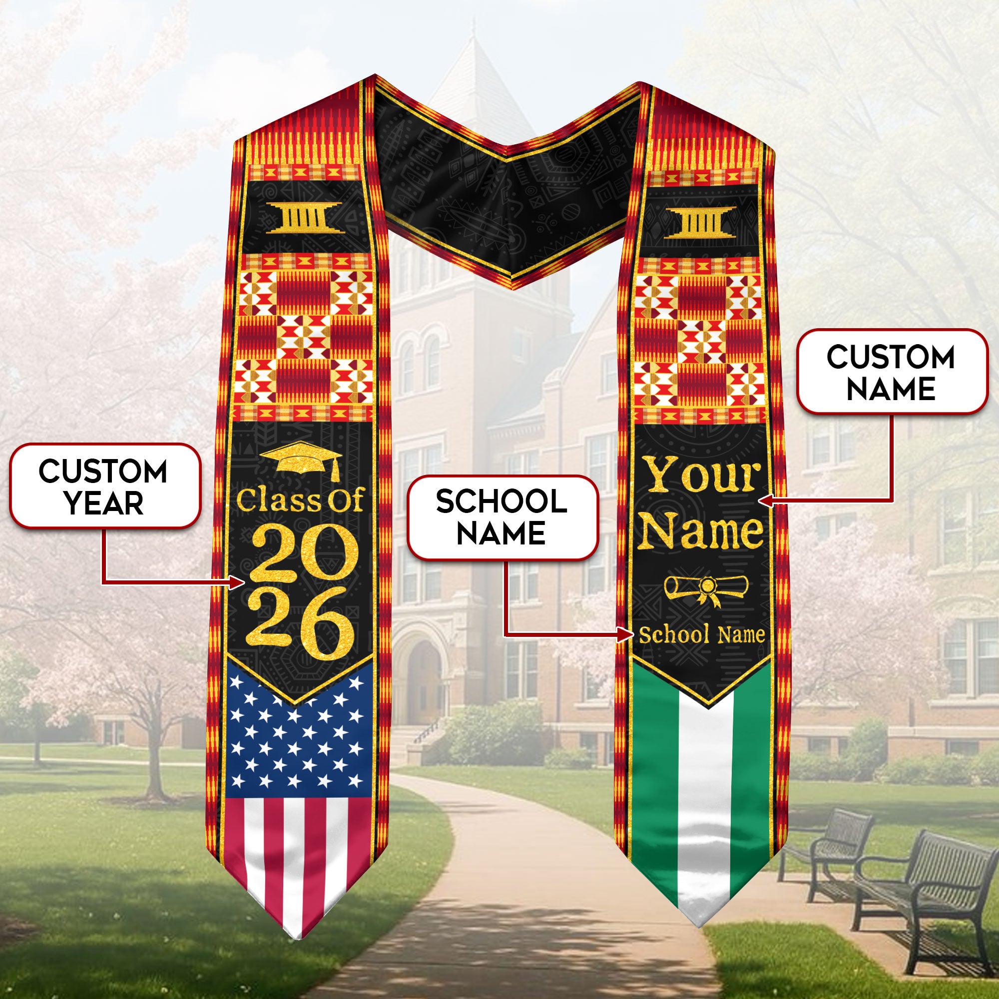 Customized Nigerian Graduation Stole Featuring Flag Identity Pattern, Graduation Sash Class of 2026