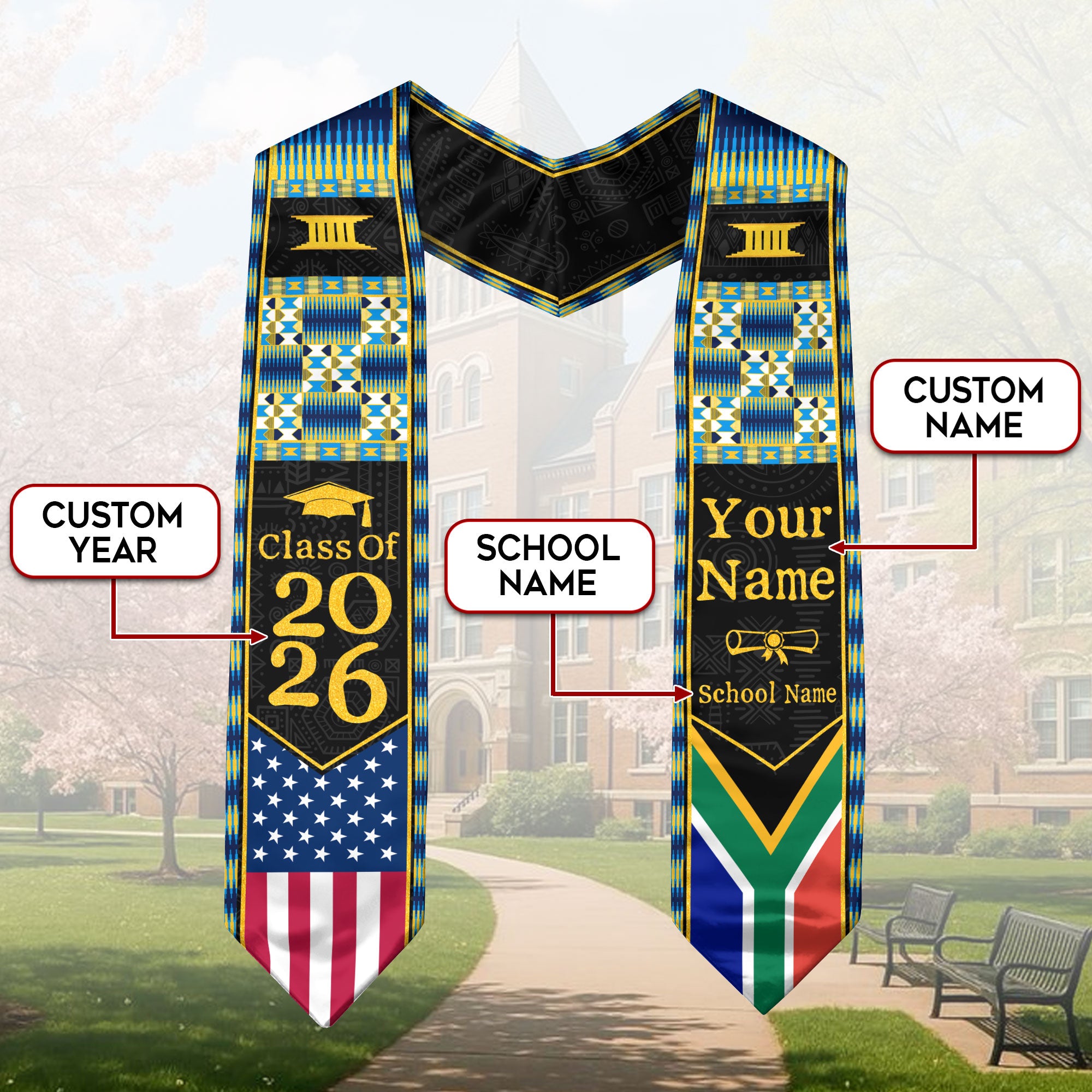 Customized South Africa Graduation Stole with Flag Heritage Accents, Graduation Sash for the Class of 2026