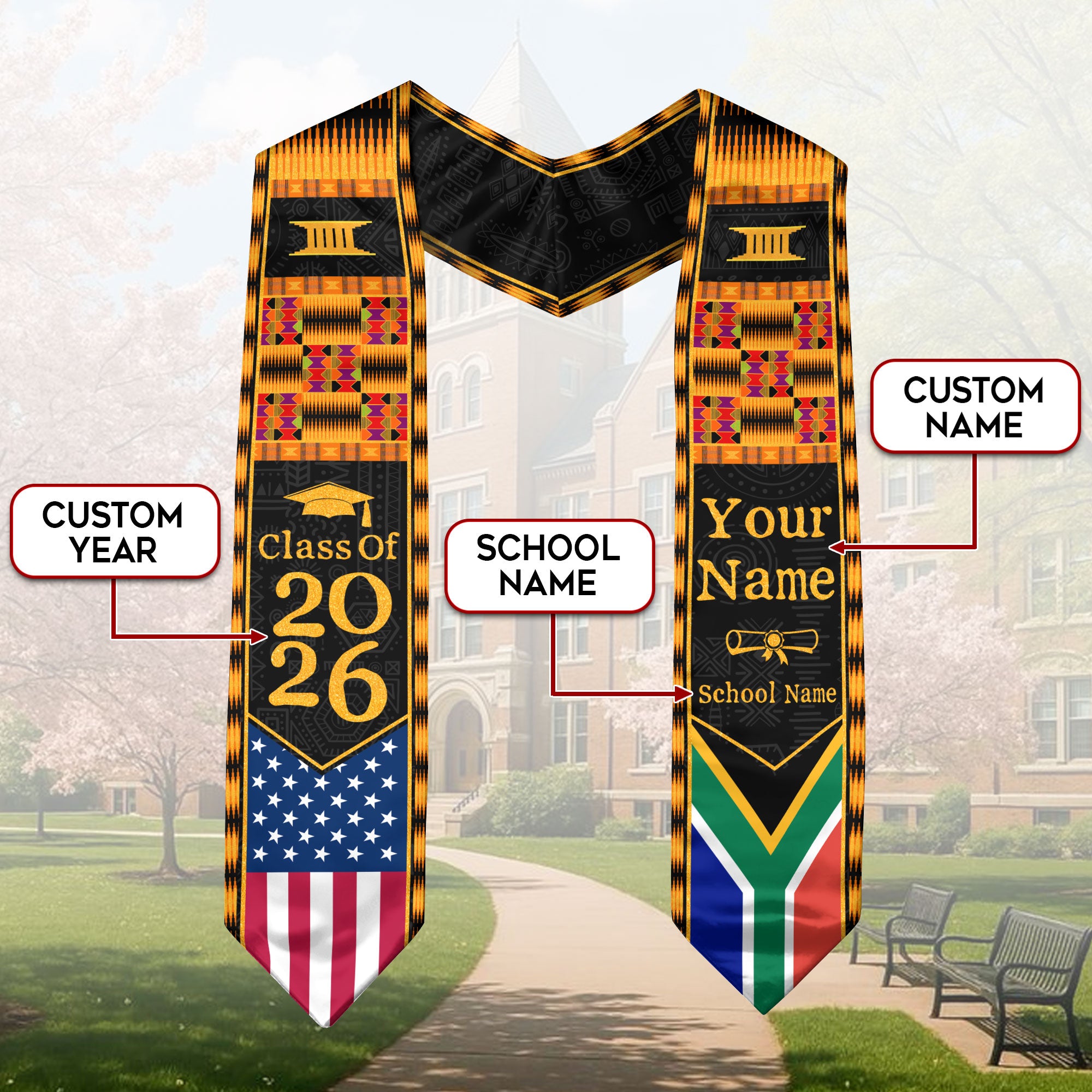 Customized Graduation Stole for South Africa with Cultural Flag Design, Graduation Sash 2026