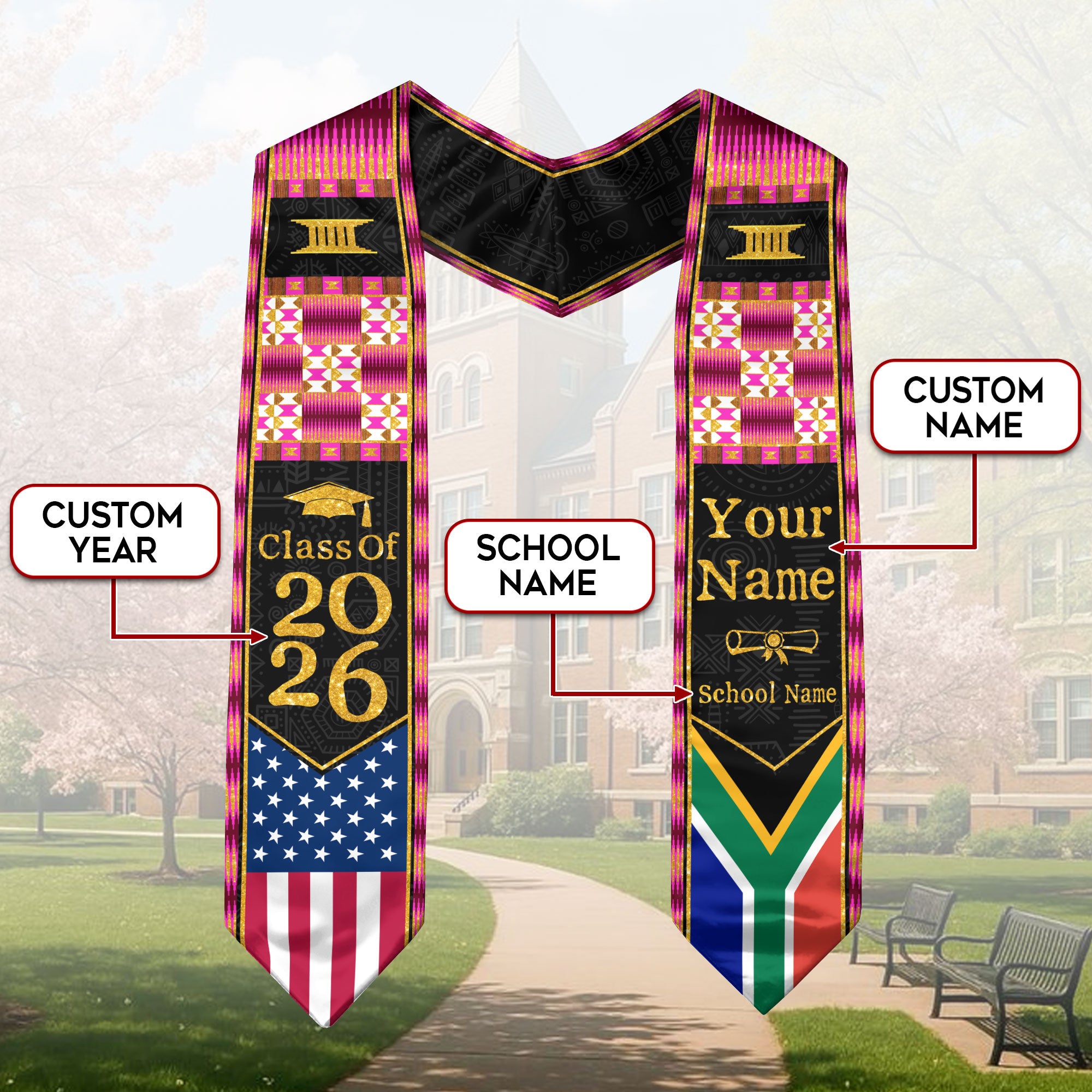 Customized South Africa Graduation Sash Showcasing Flag Pride Details, Ceremony Stole Class of 2026