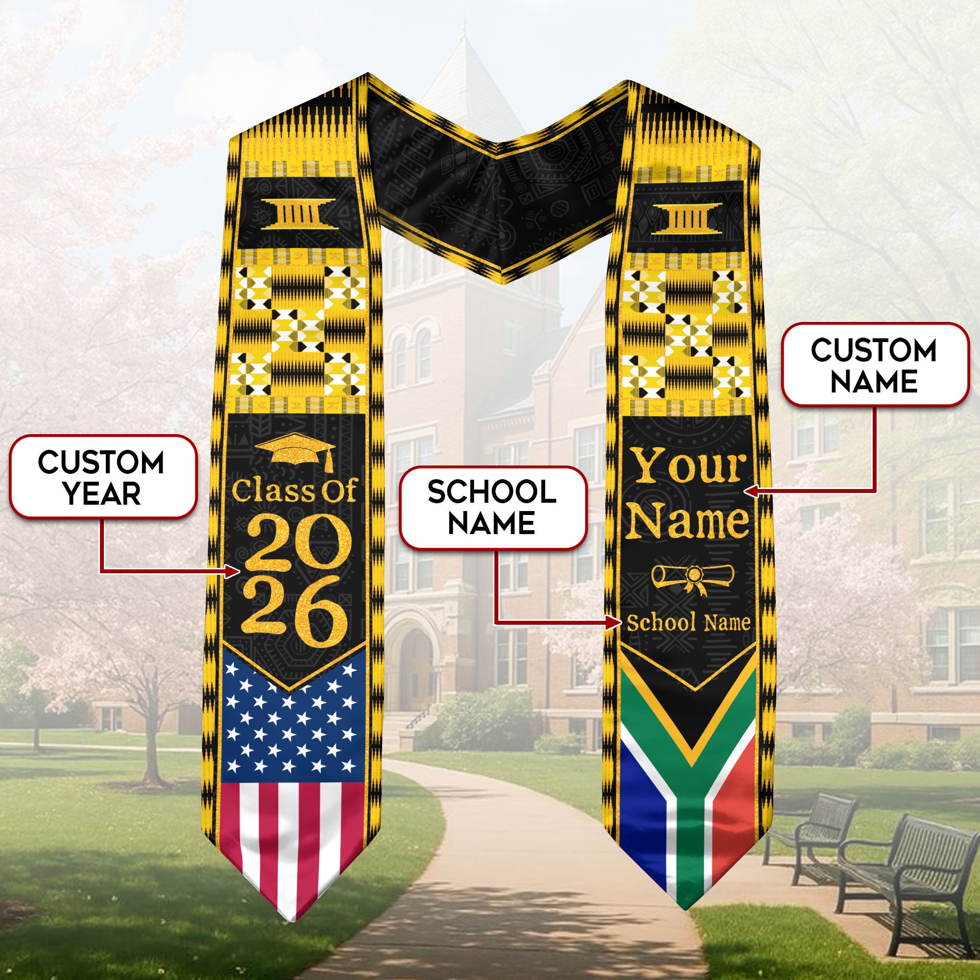 Customized South Africa Graduation Stole with Patriotic Flag Motif, Graduation Sash for Class of 2026