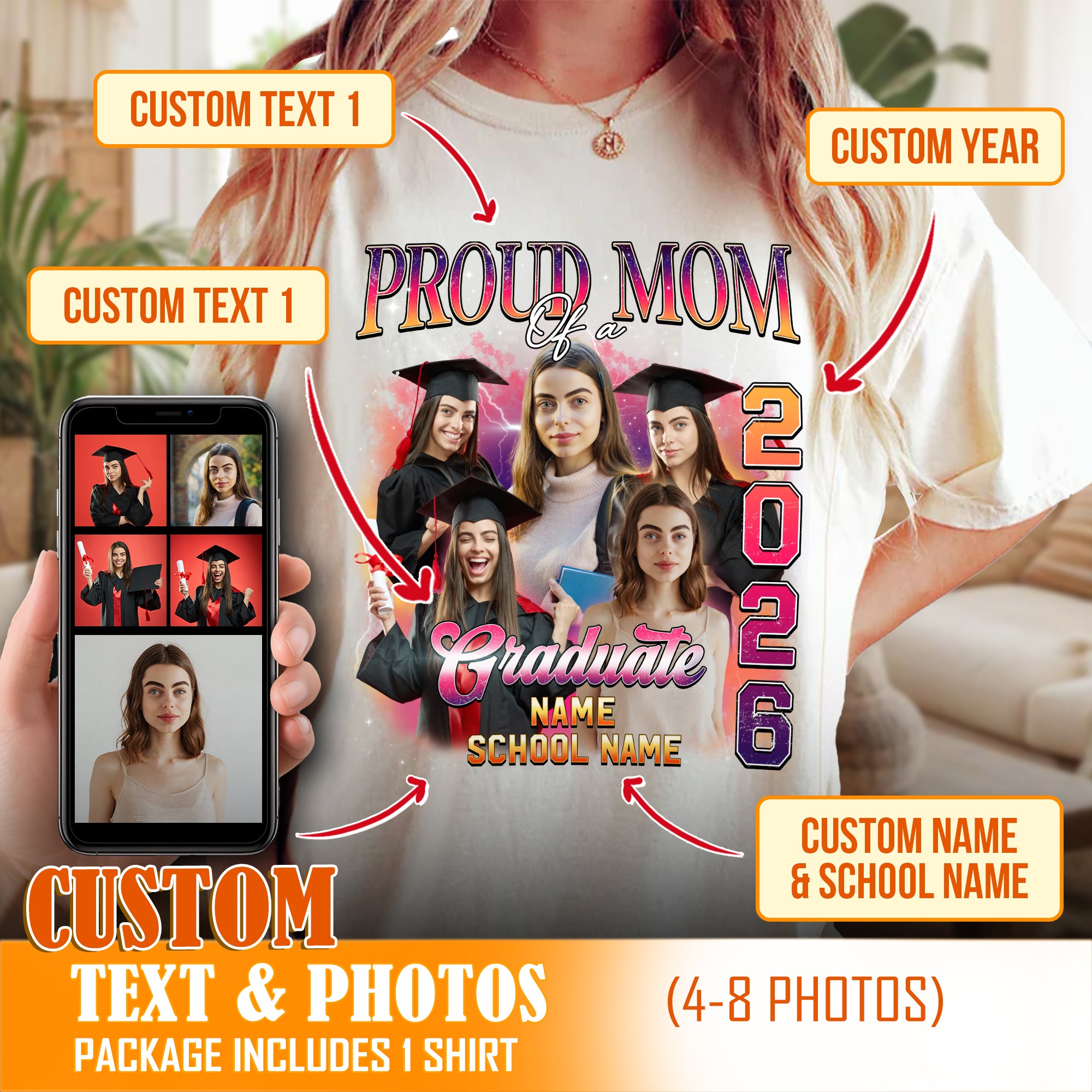 Custom Face Graduation Shirt 2026 - Vintage Bootleg 90s Style Proud Mom Dad Grad Tee