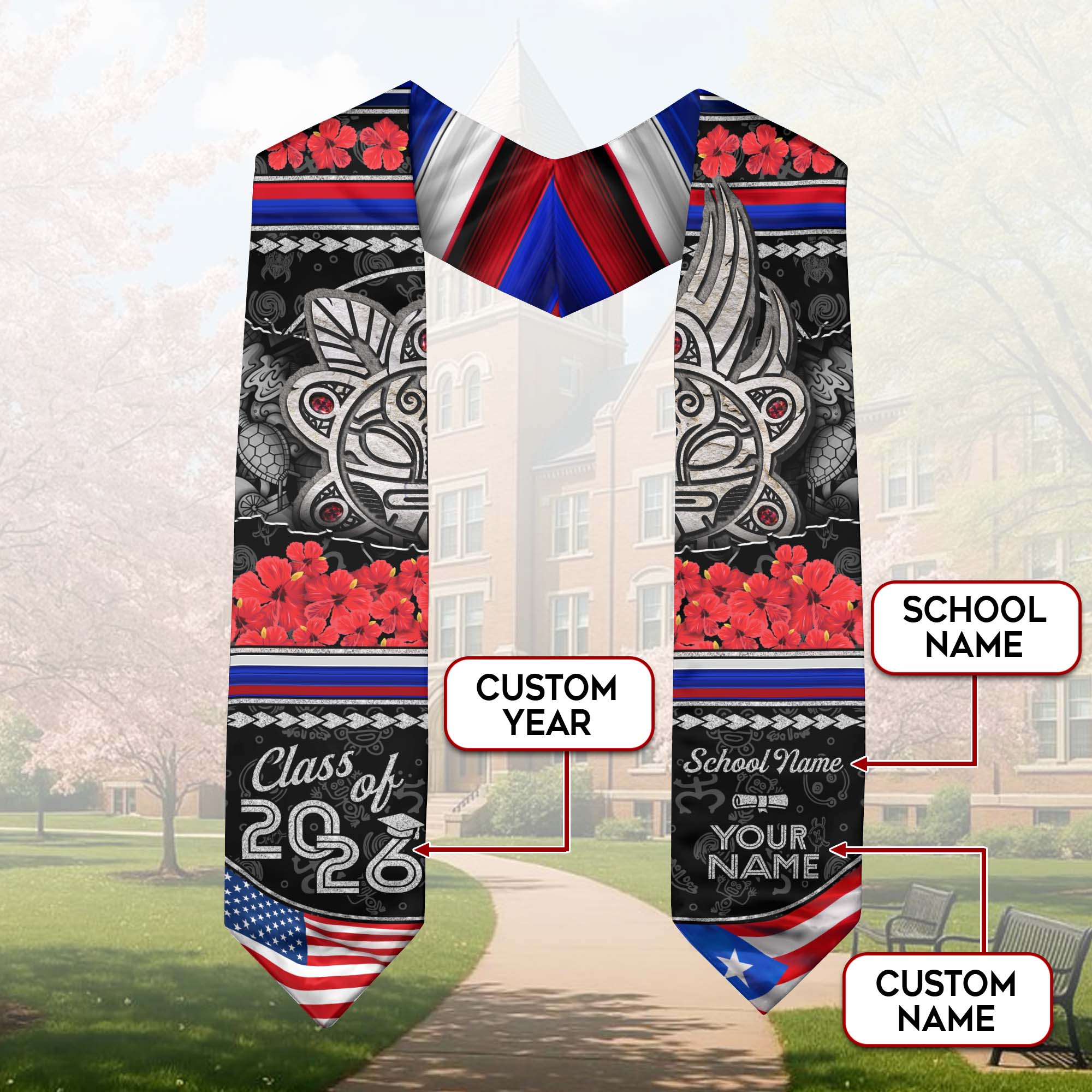 Puerto Rican Flag Graduation Sash 2026, PR Graduation Stole, Custom Detail for Graduates
