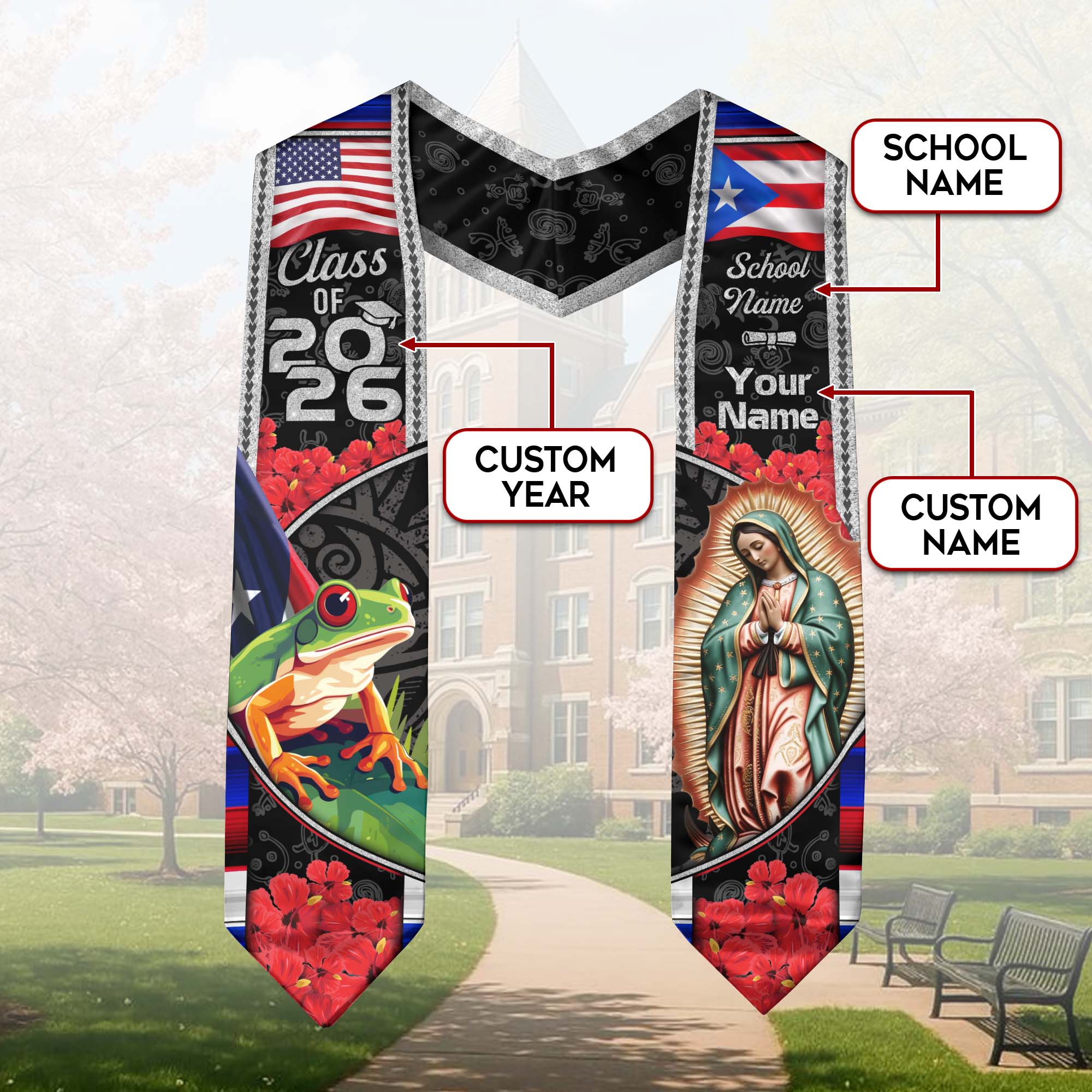 Puerto Rico Flag Graduation Stole 2026, Puerto Rican Grad Sash, Custom Finish for Grads