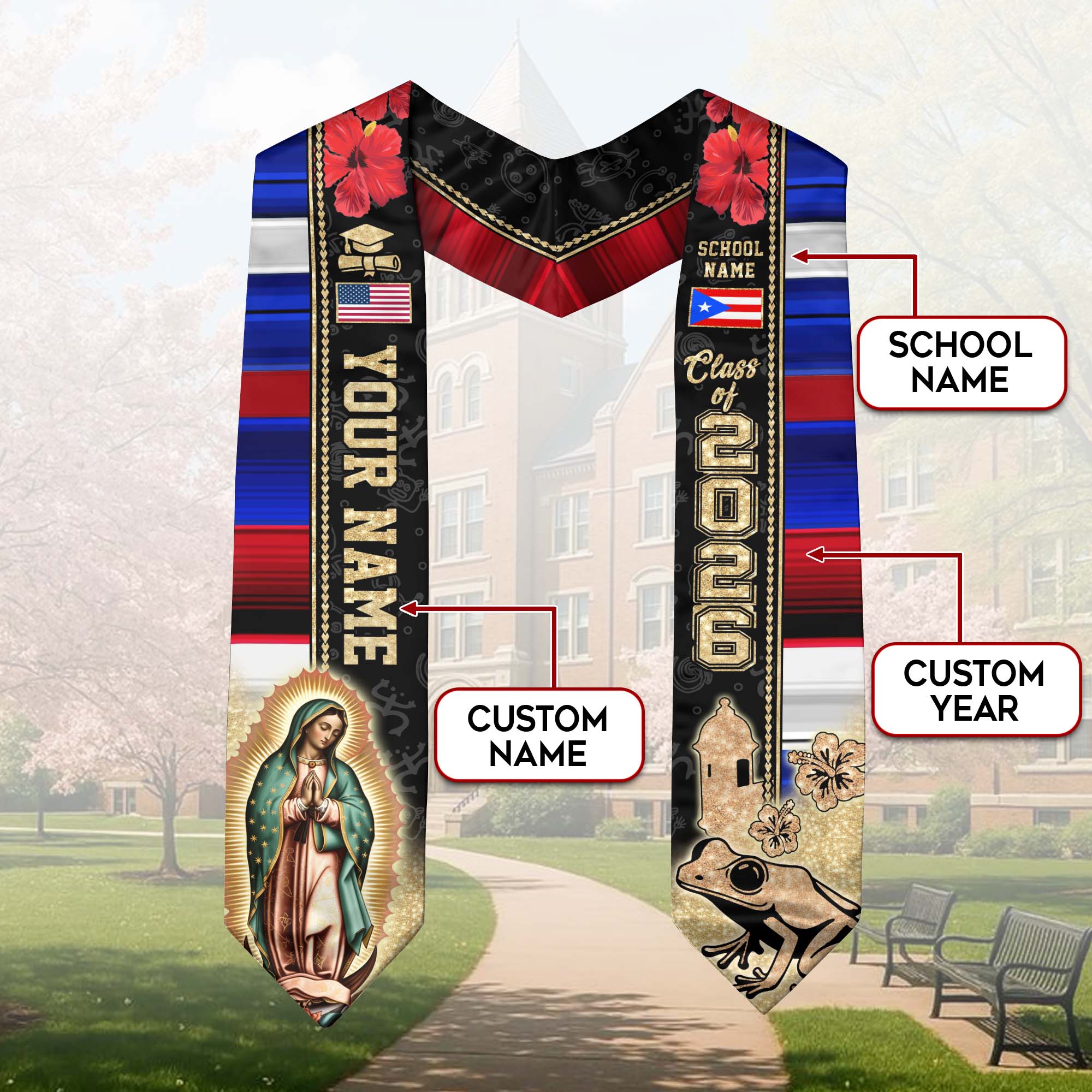 Puerto Rican Graduation Sash 2026, Puerto Rico Grad Stole, Flag Custom Accent for 2026