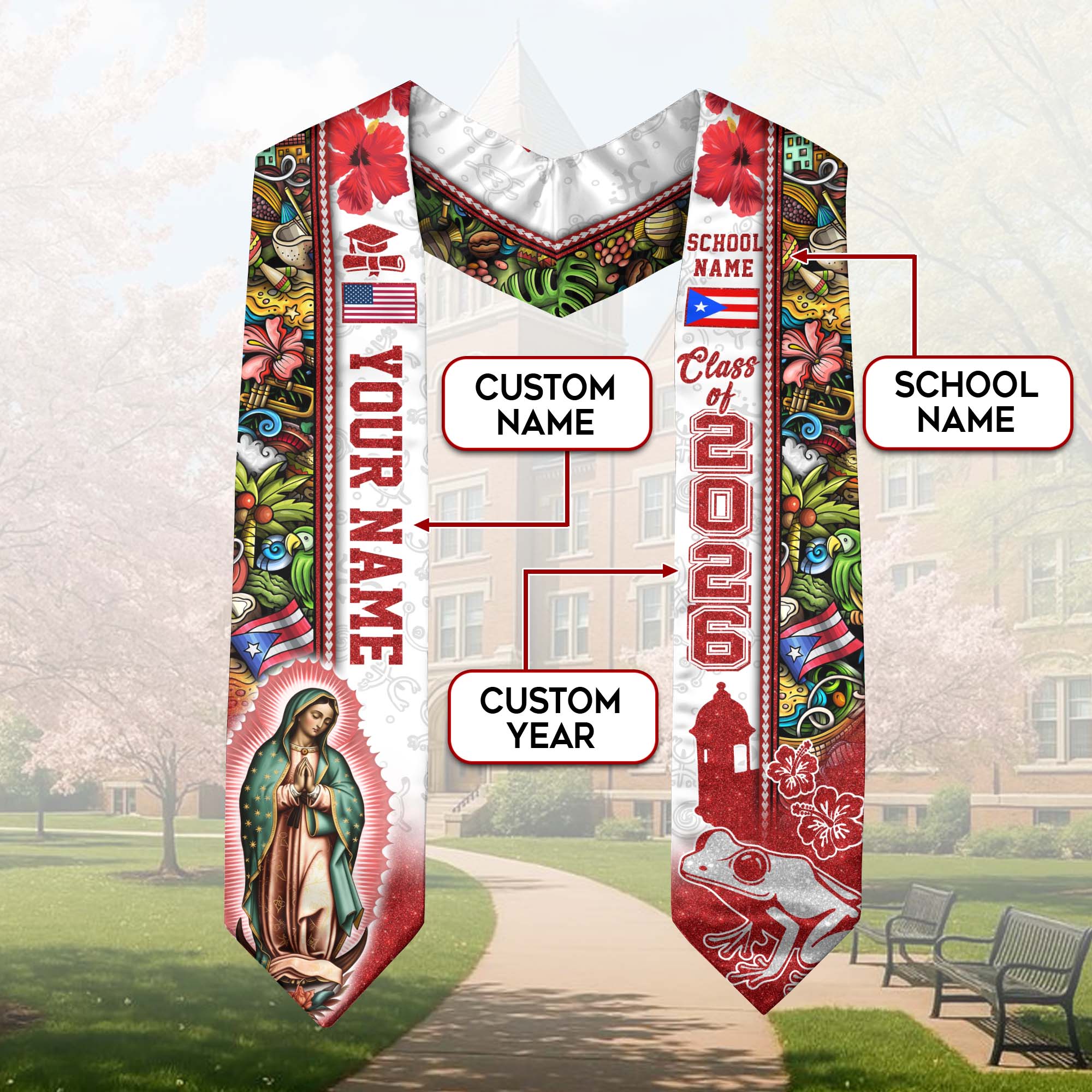 Puerto Rico Graduation Stole 2026, Puerto Rican Flag Sash, Custom Detail Option for Grads