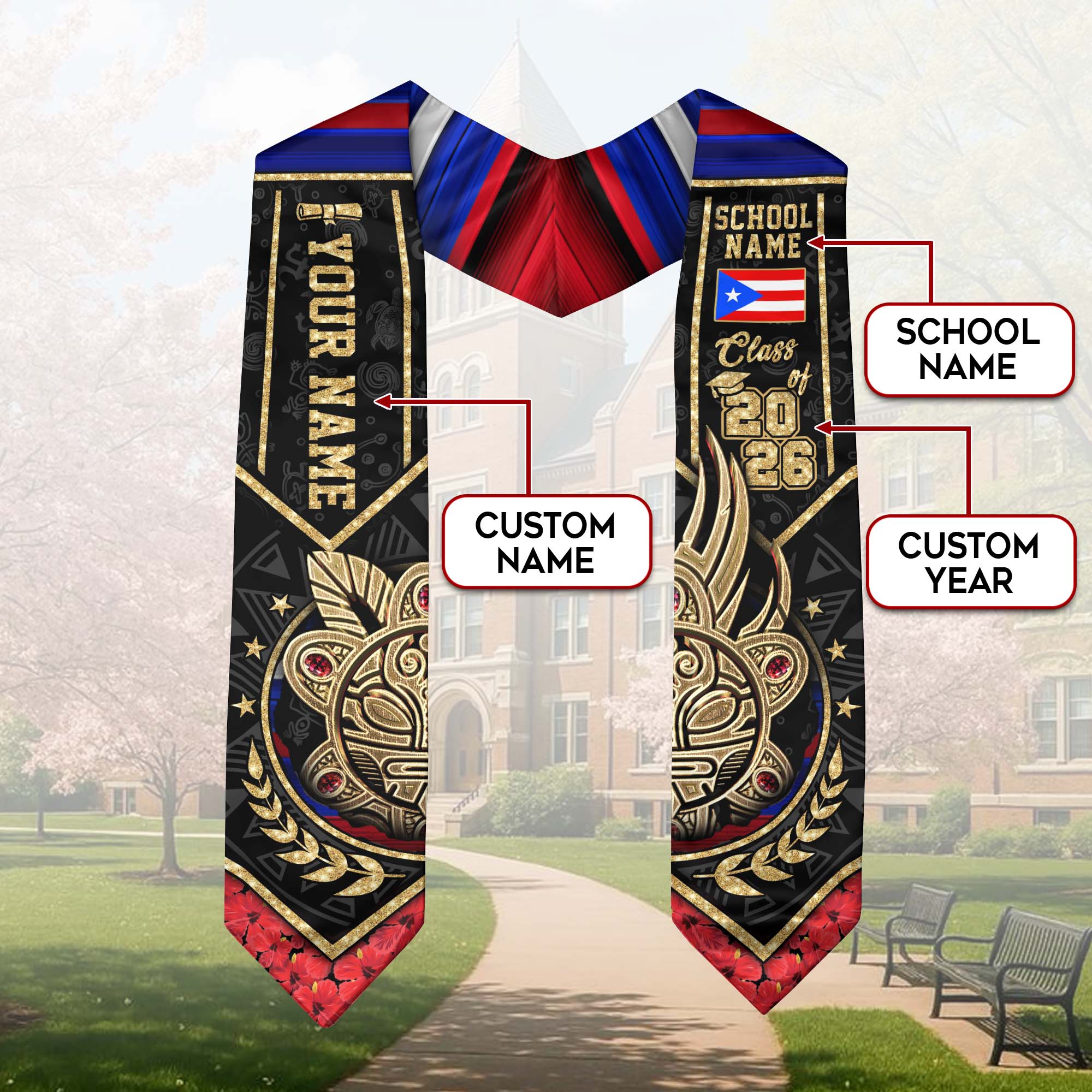 Puerto Rican Flag Graduation Sash 2026, Puerto Rico Stole Sash, Custom Accent for 2026