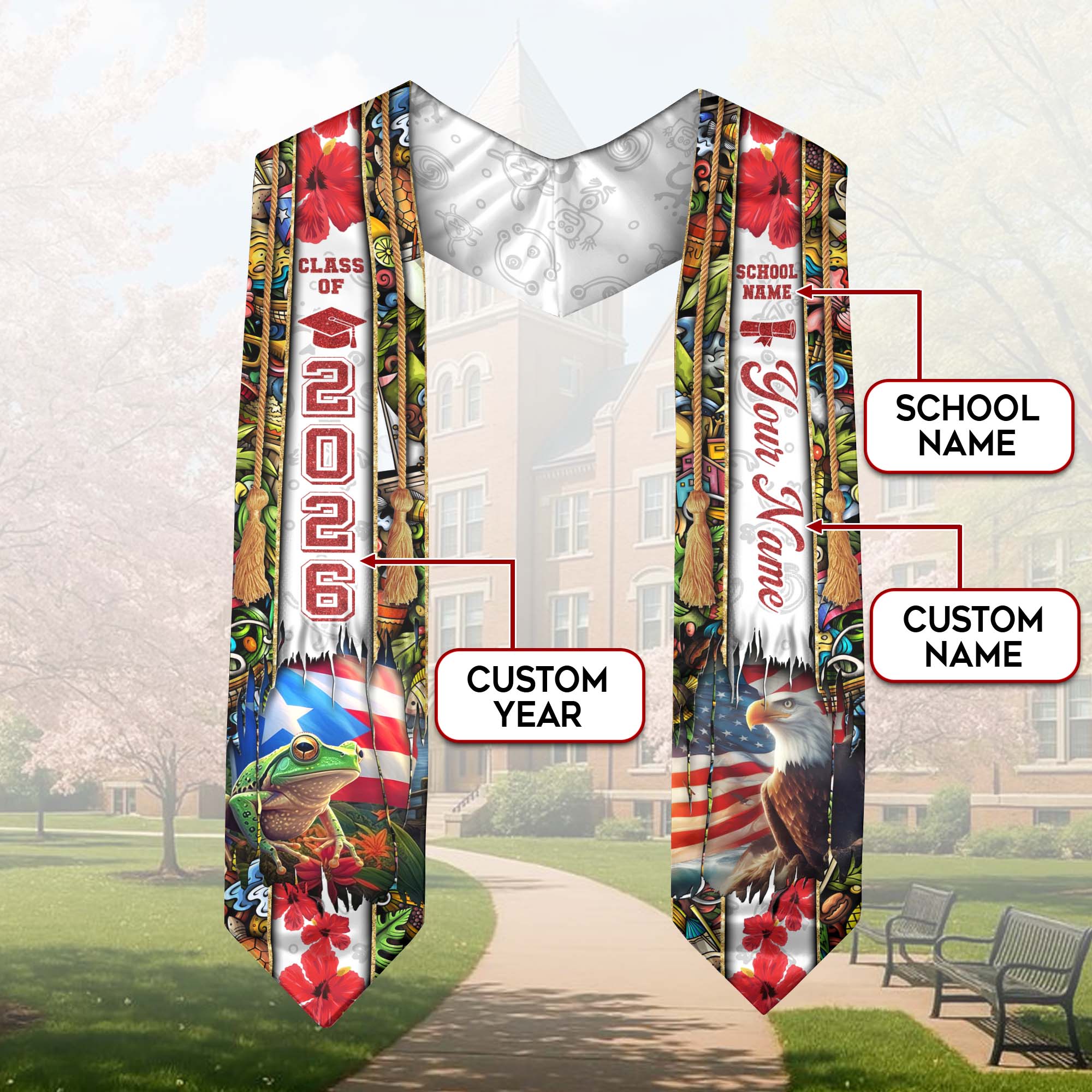 Puerto Rico Flag Graduation Stole 2026, Puerto Rican Graduation Sash, Custom Trim Finish