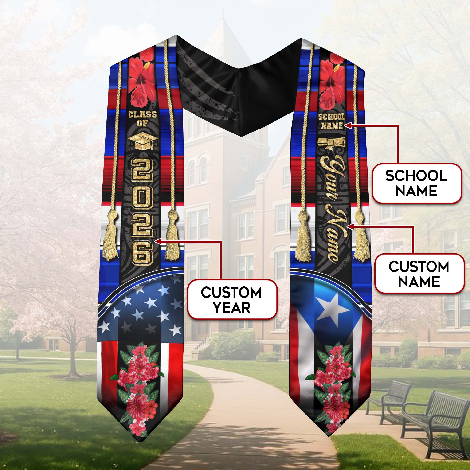 Puerto Rican Graduation Sash 2026, Puerto Rico Graduation Stole, Custom Touch Flag Sash