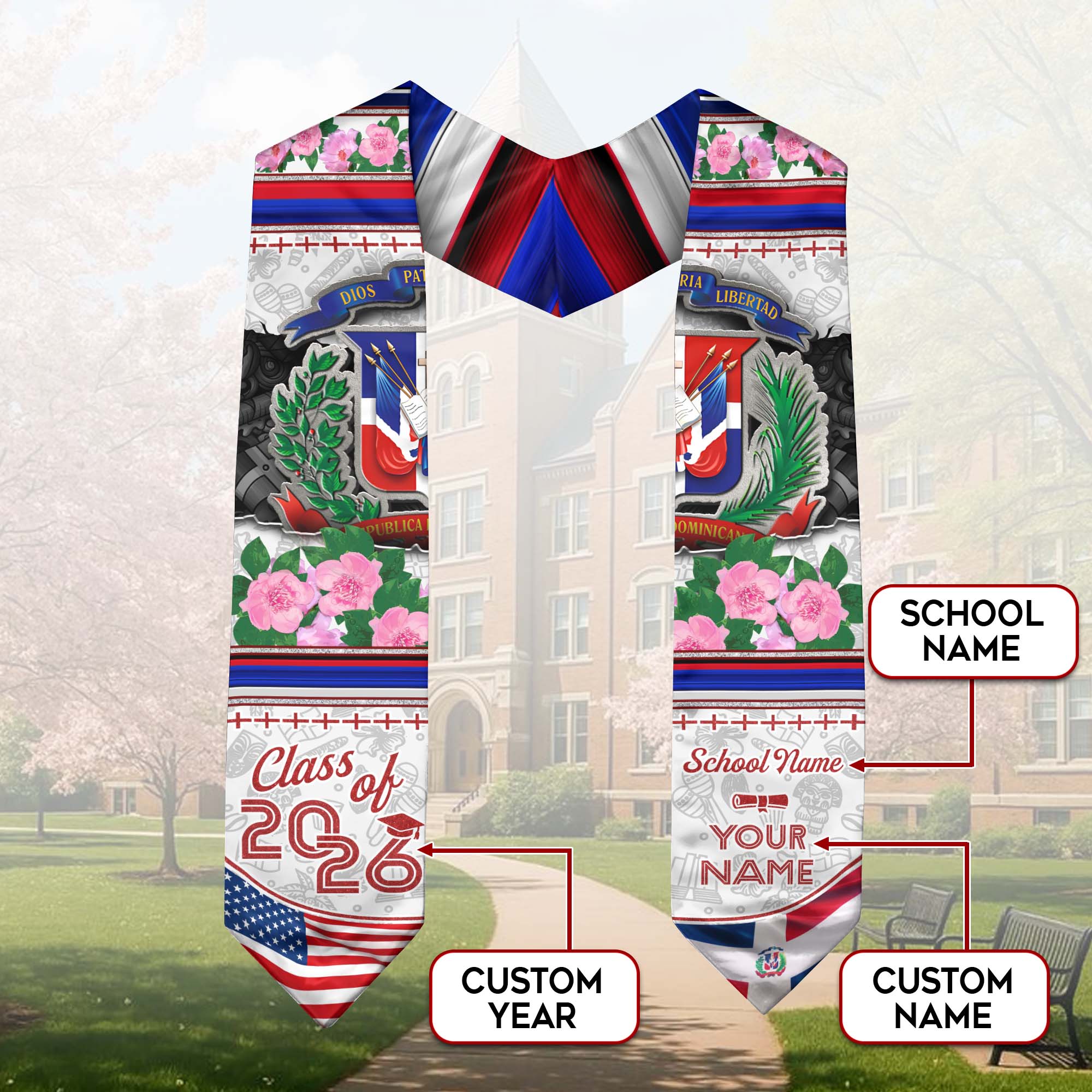 Customized Dominican Graduation Stole with National Flag Design, Graduation Sash 2026