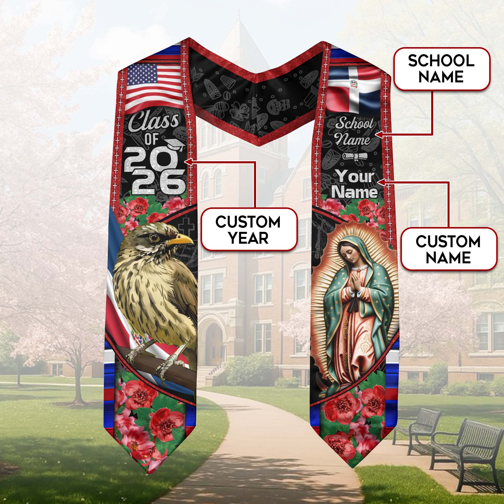 Customized Graduation Stole Dominican Republic, Flag Inspired Sash for Class of 2026