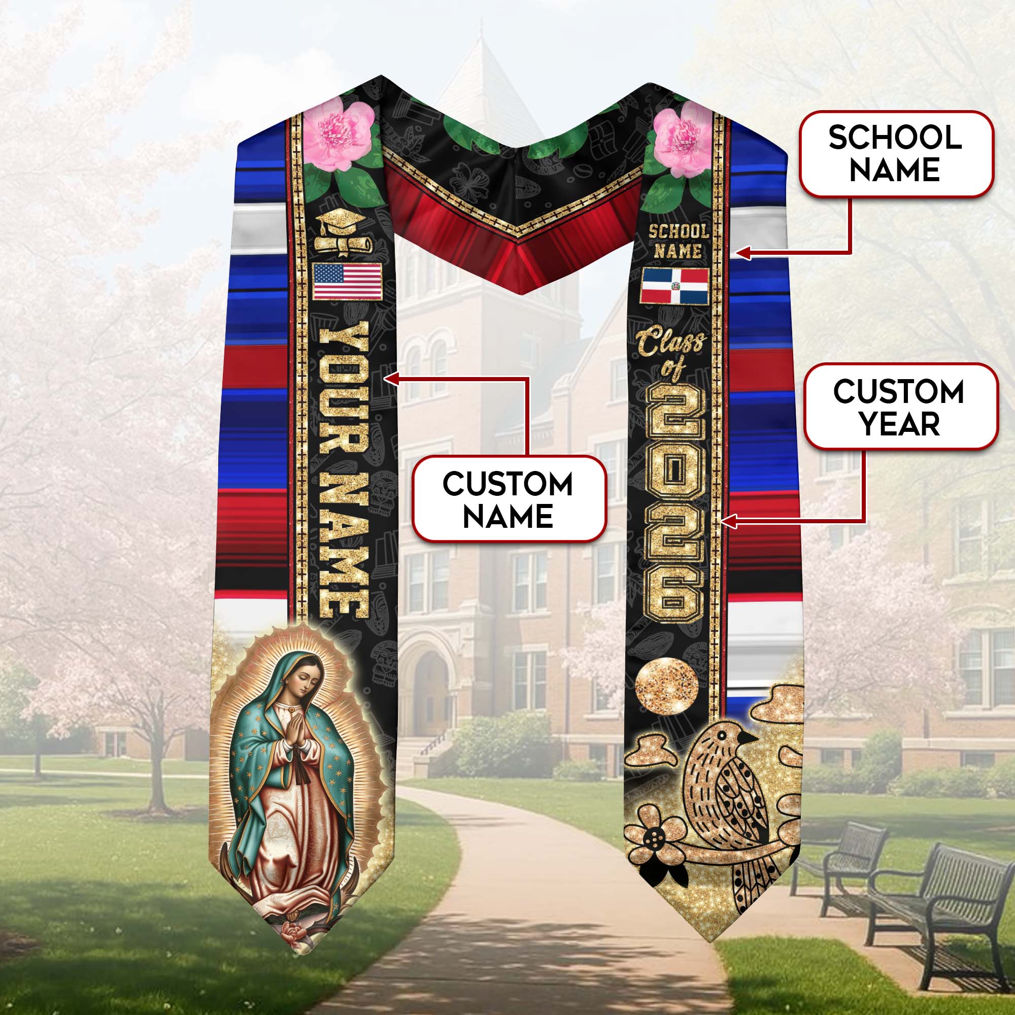 Customized Dominican Republic Graduation Sash, Flag Style Stole for Commencement 2026