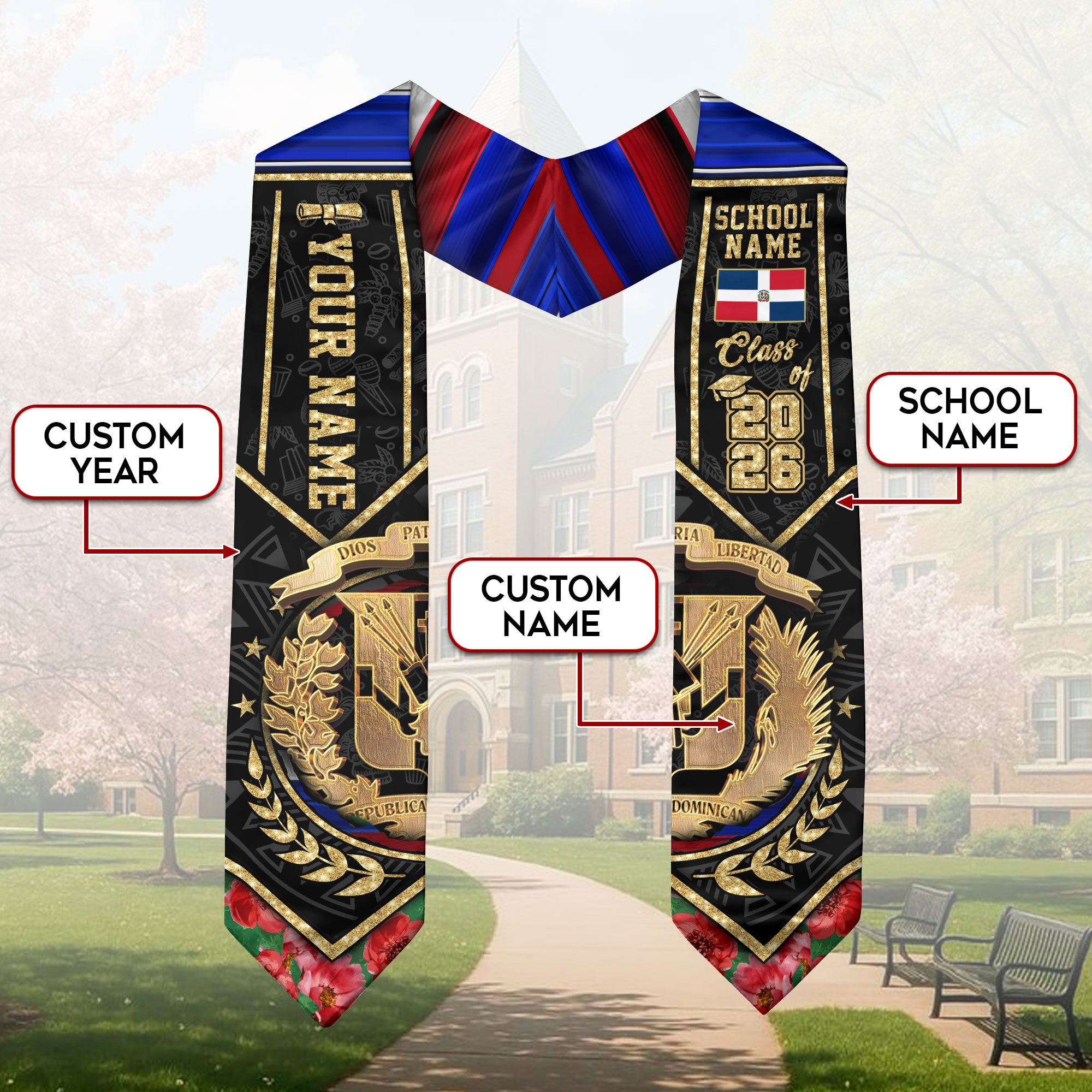 Dominican Flag Graduation Sash 2026, Dominican Graduation Stole, Custom Detail for Grads