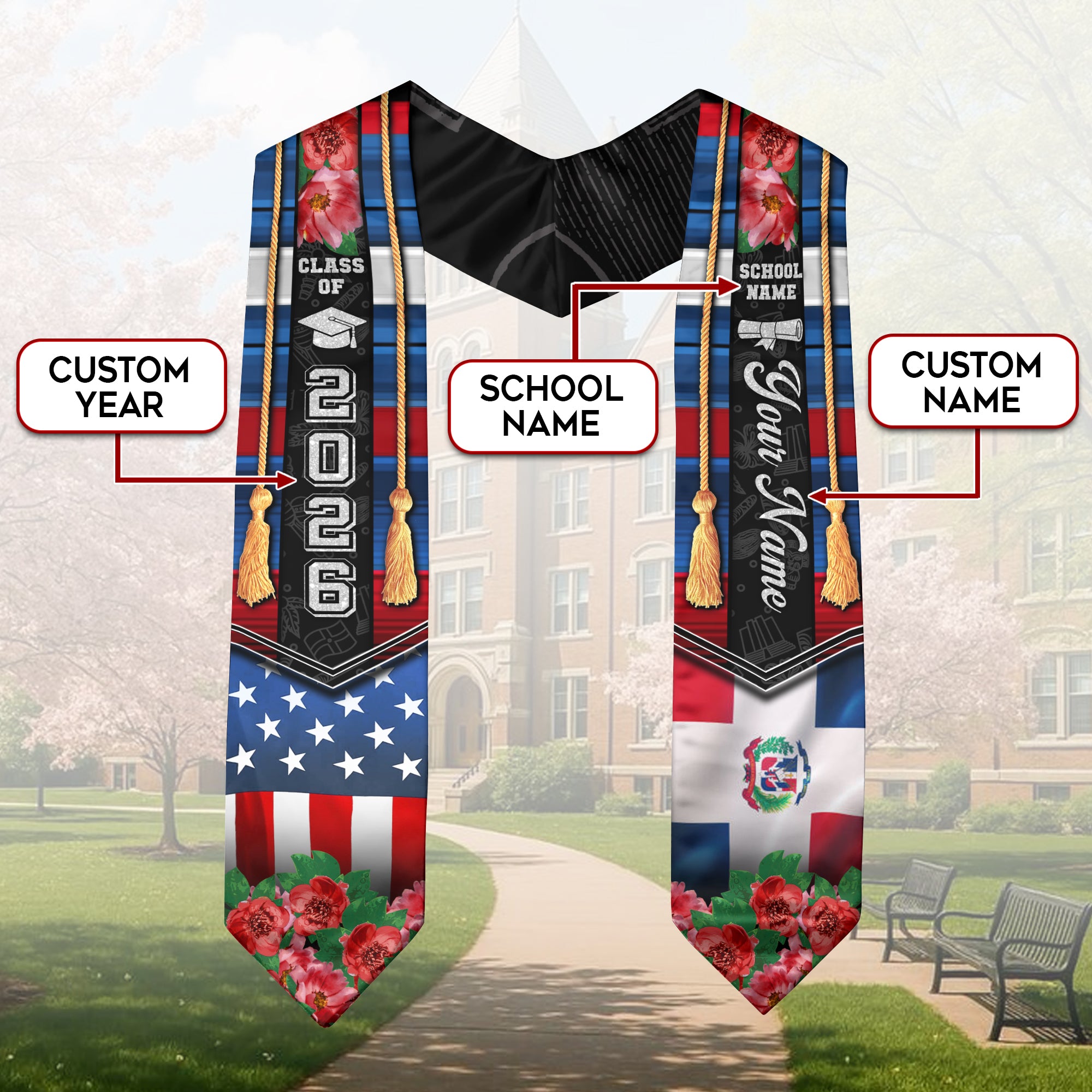 Dominican Flag Graduation Stole 2026, Dominican Stole Sash, Custom Detail Choice for 2026