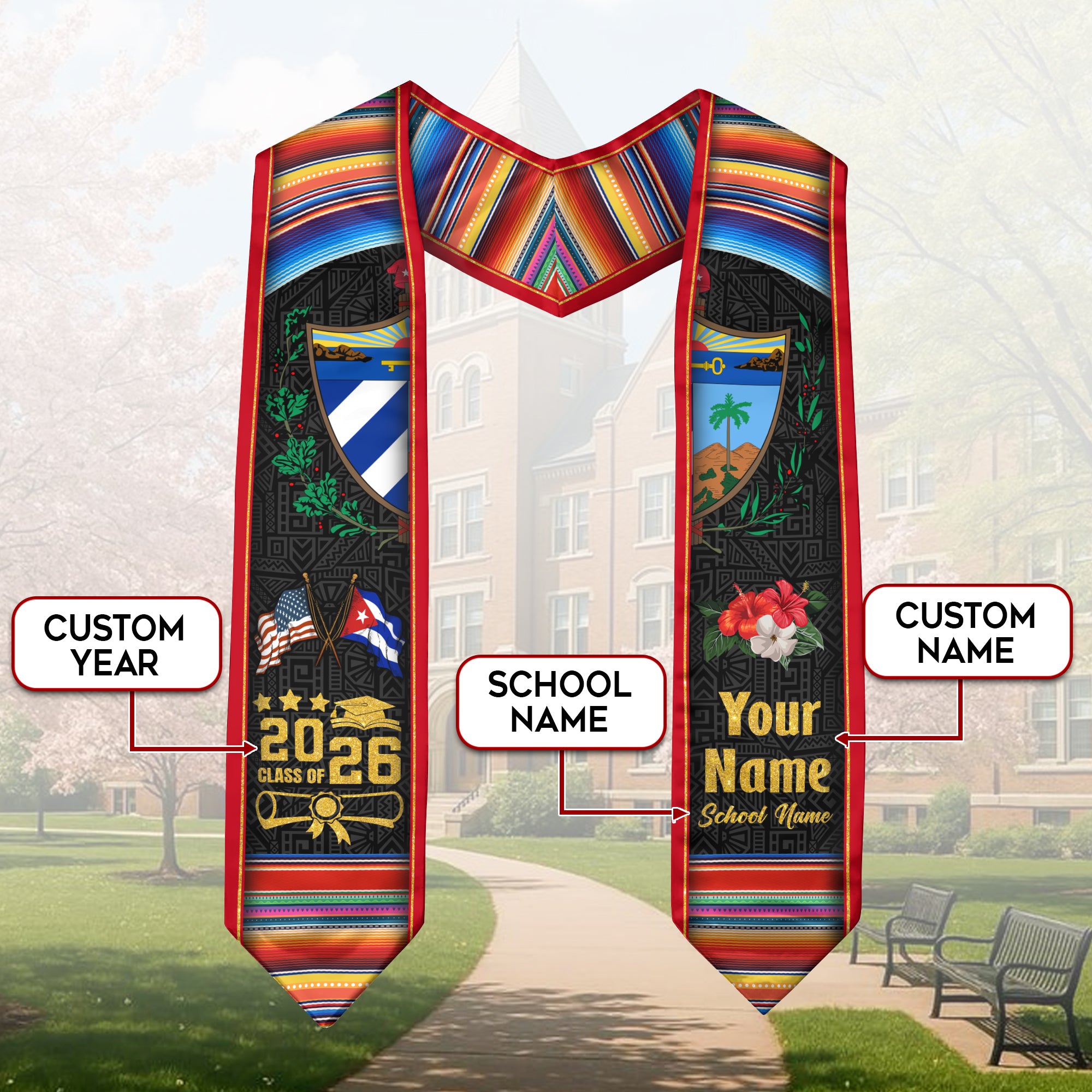 Cuba Graduation Stole 2026, Cuban Flag Sash, Tailored Detail for Class of 2026 Graduates