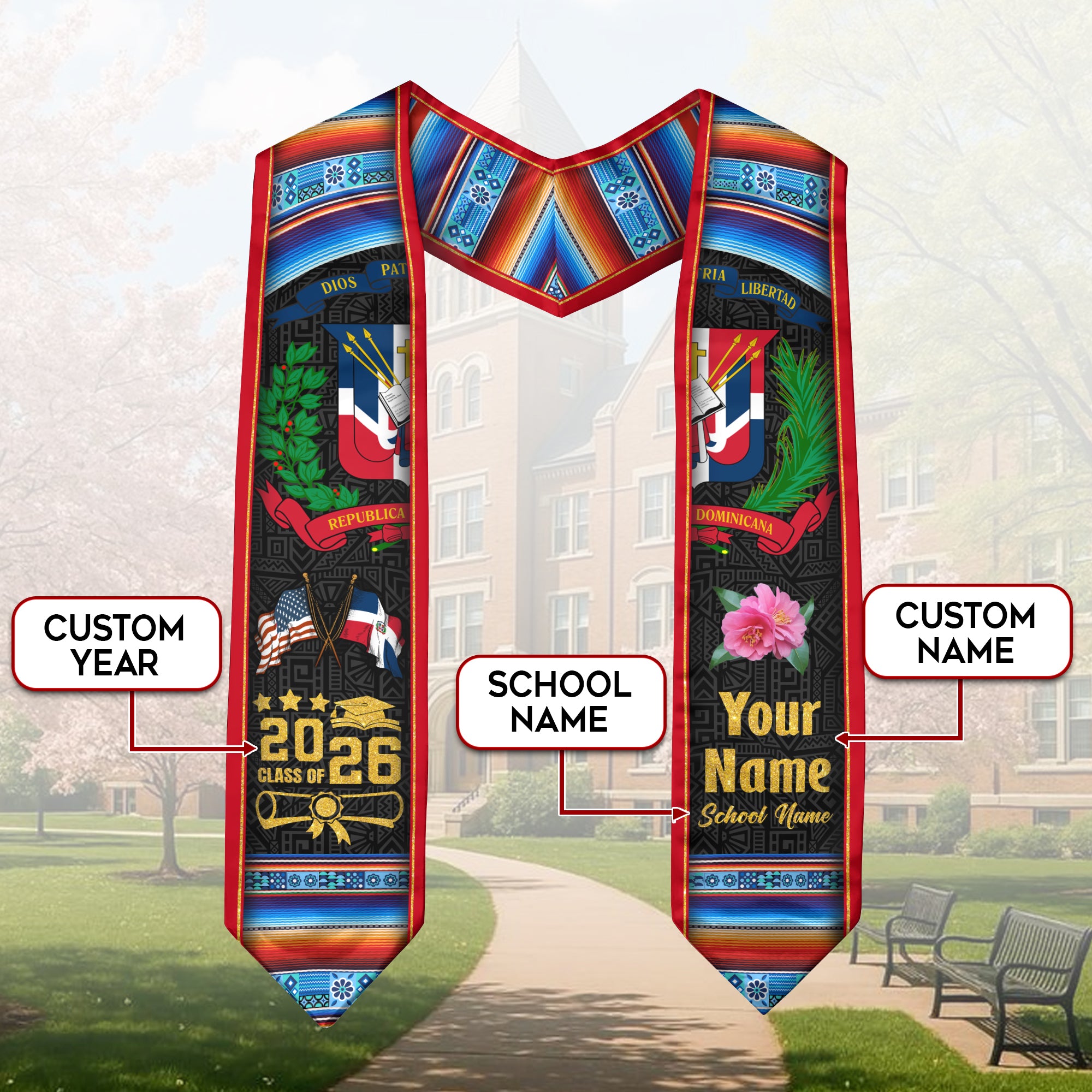 Dominican Graduation Stole 2026, Dominican Flag Sash, Tailored Detail for Class of 2026