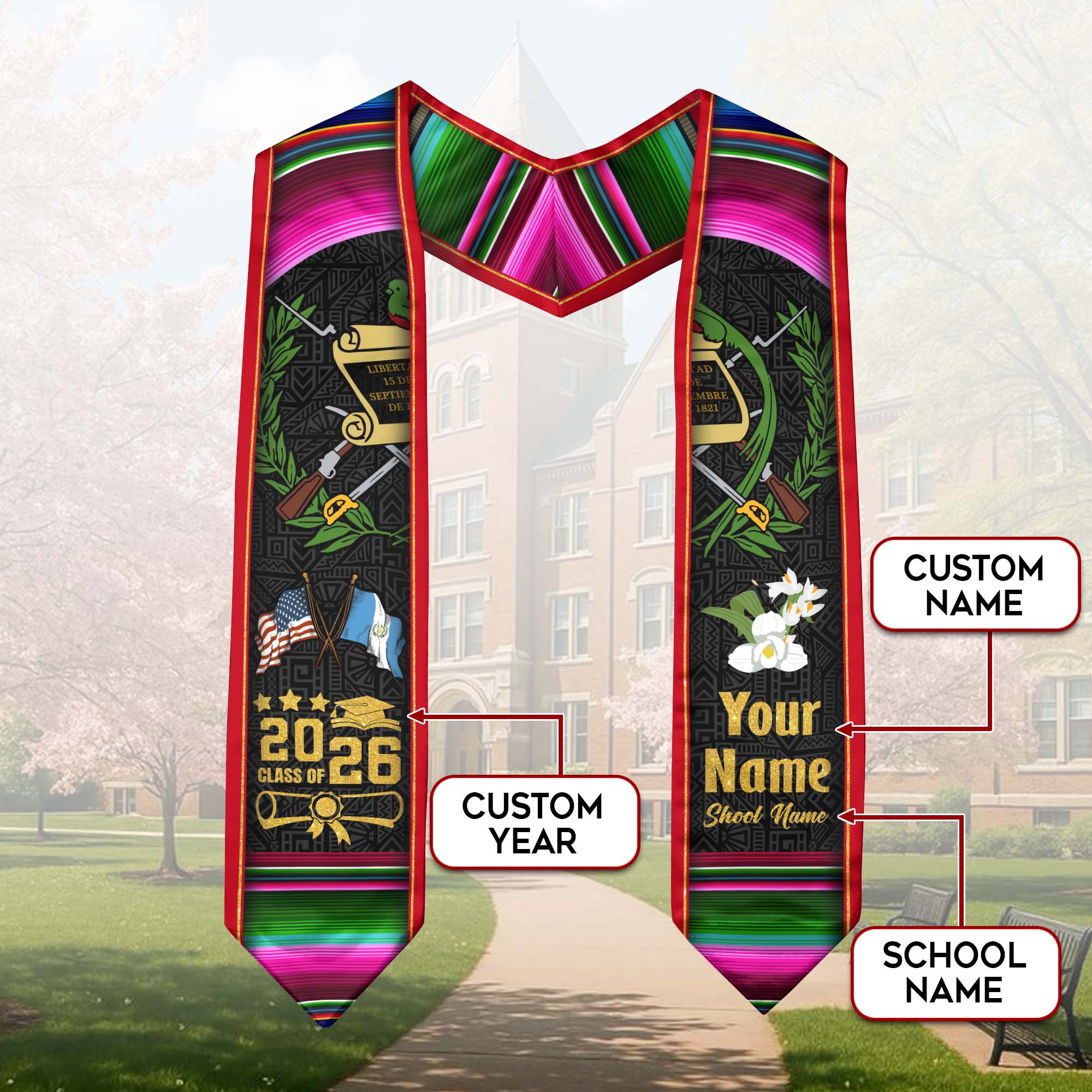 Guatemala Graduation Stole 2026, Guatemala Flag Sash, Custom Trim Option for Class of 2026