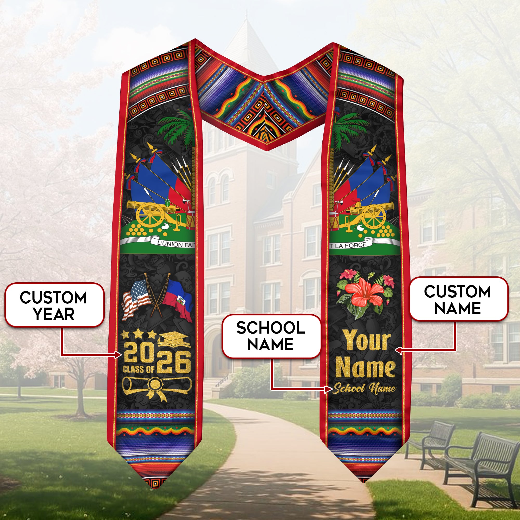 Haiti Graduation Stole 2026, Haitian Flag Sash, Tailored Detail for Class of 2026 Graduates