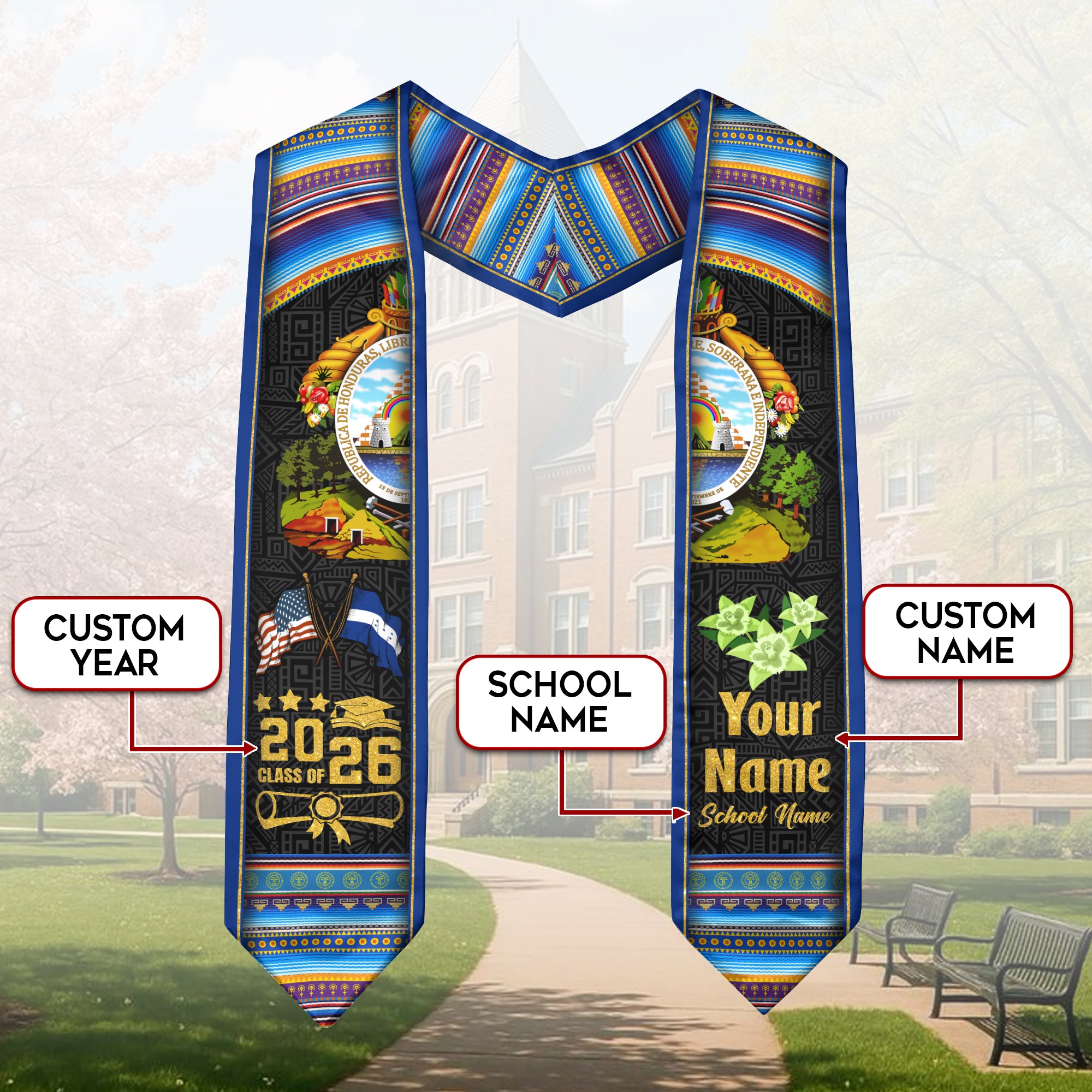 Honduras Graduation Stole 2026, Honduran Flag Sash, Tailored Detail for Class of 2026