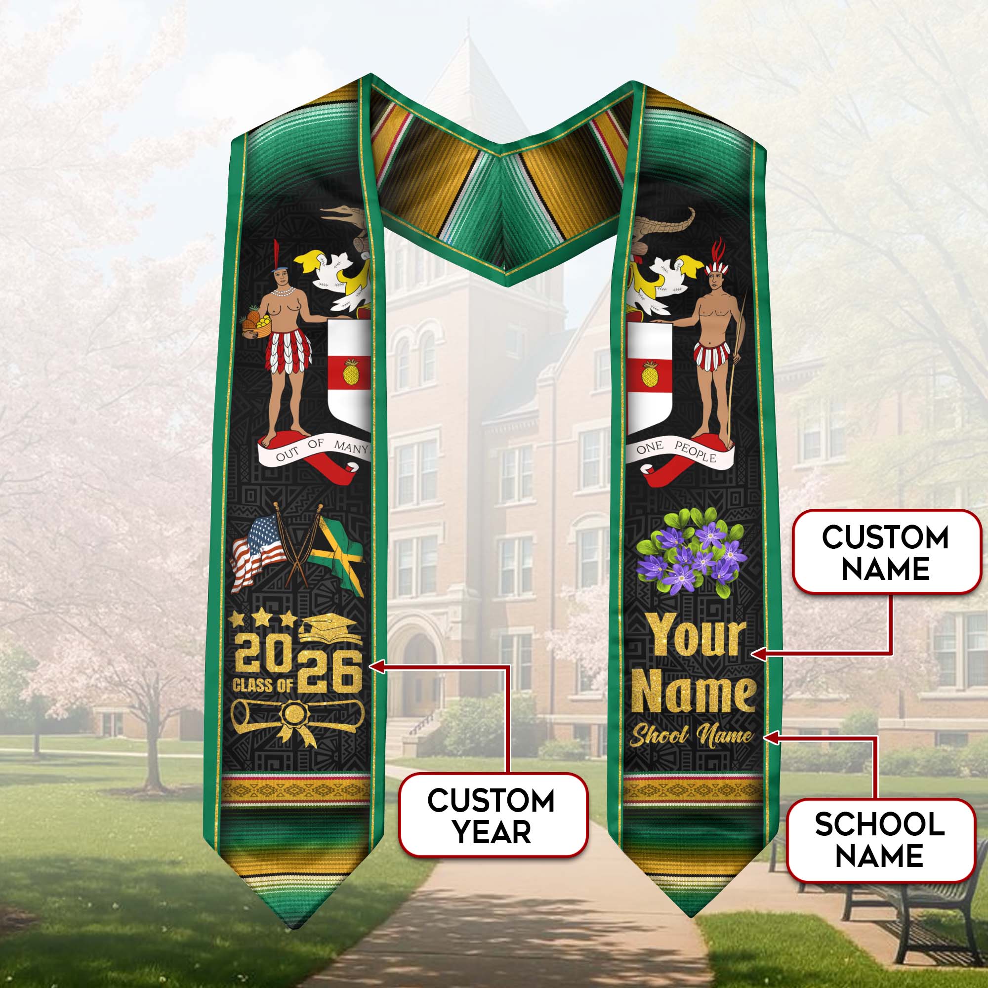 Jamaica Graduation Stole 2026, Jamaican Flag Sash, Custom Touch Option for Class of 2026