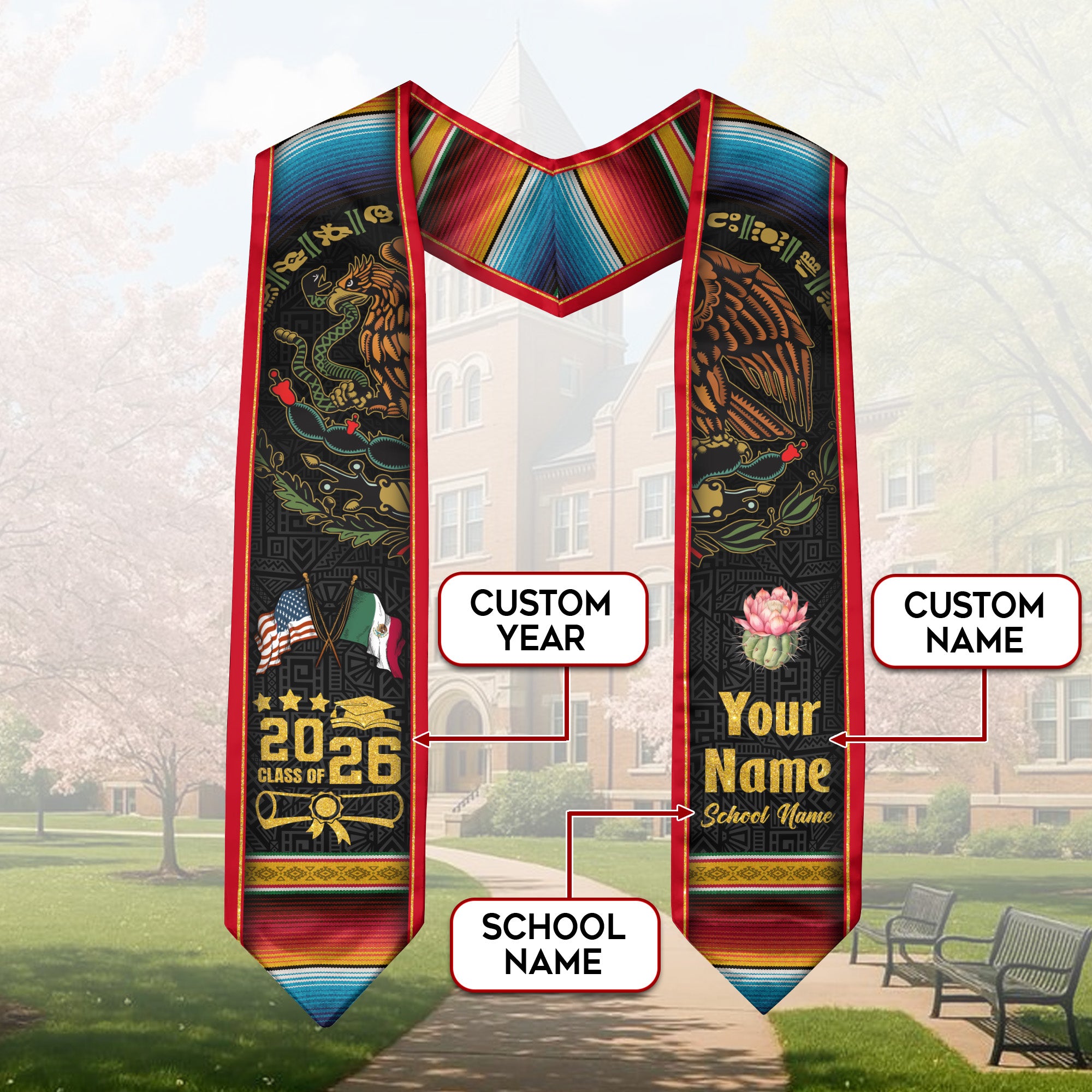 Mexican Graduation Stole 2026, Mexican American Flag Graduation Sash, Mexico Grad Stole