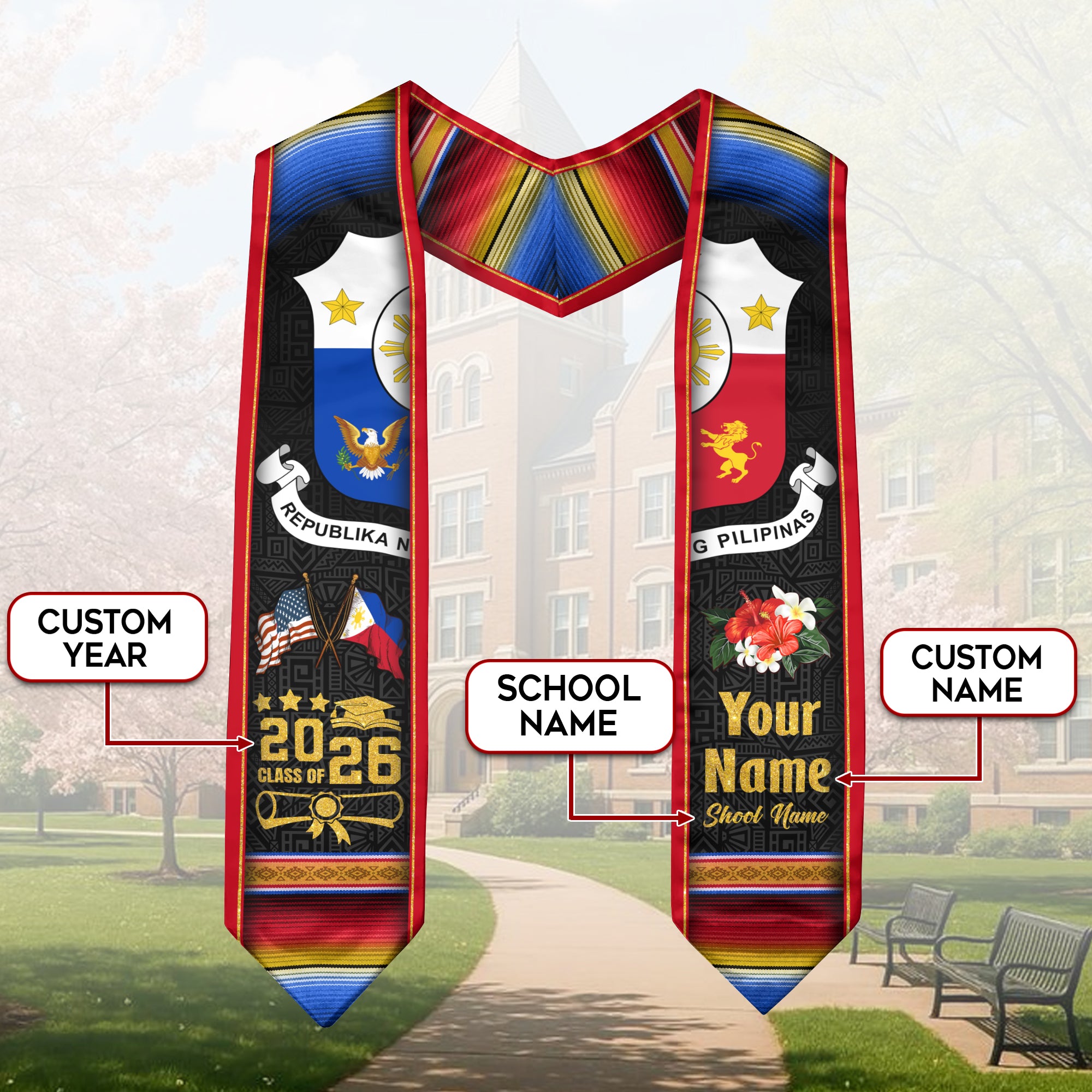 Philippines Graduation Stole 2026, Filipino Flag Sash, Tailored Detail for Class of 2026