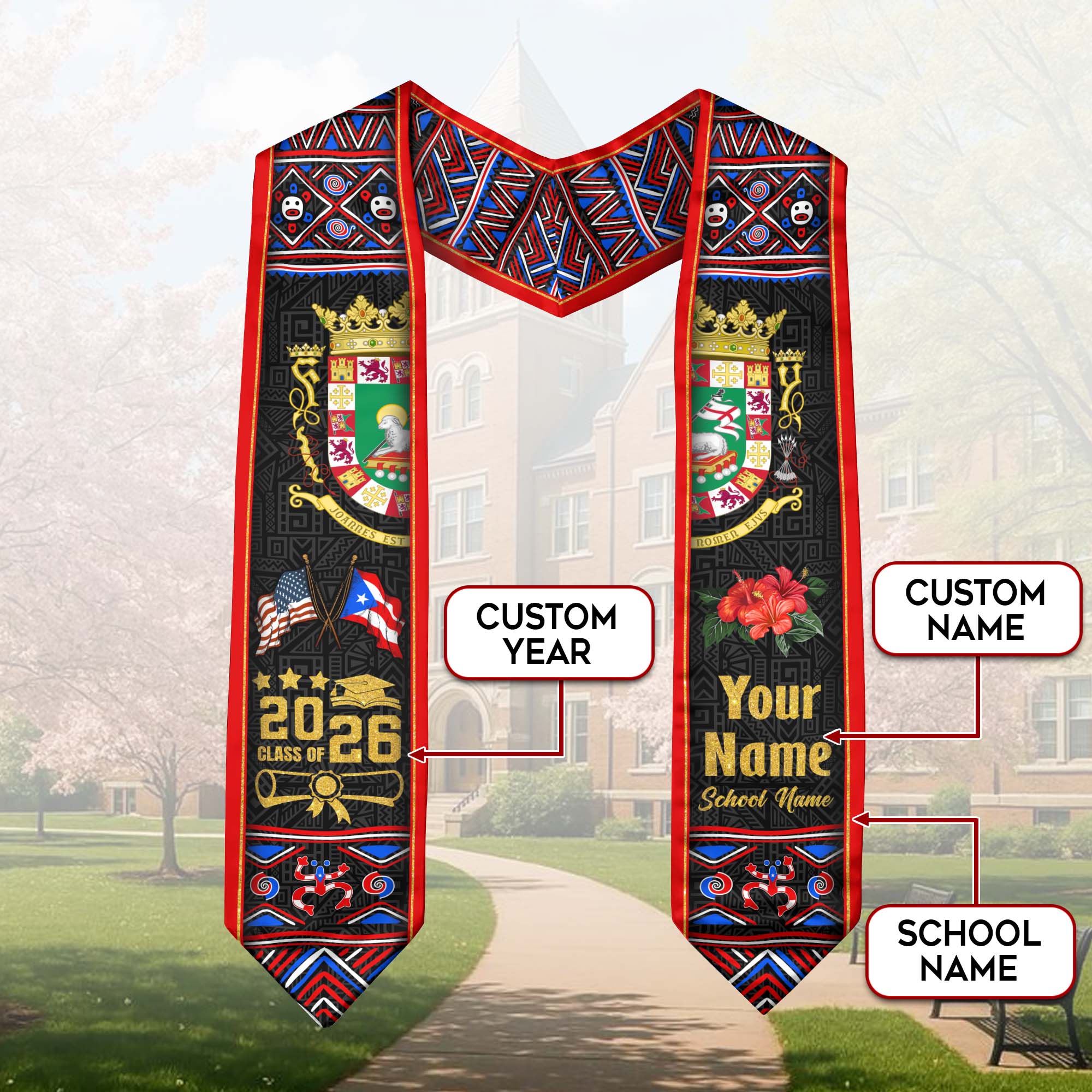 Puerto Rico Graduation Stole 2026, Puerto Rican Flag Sash, Tailored Detail for Class of 2026