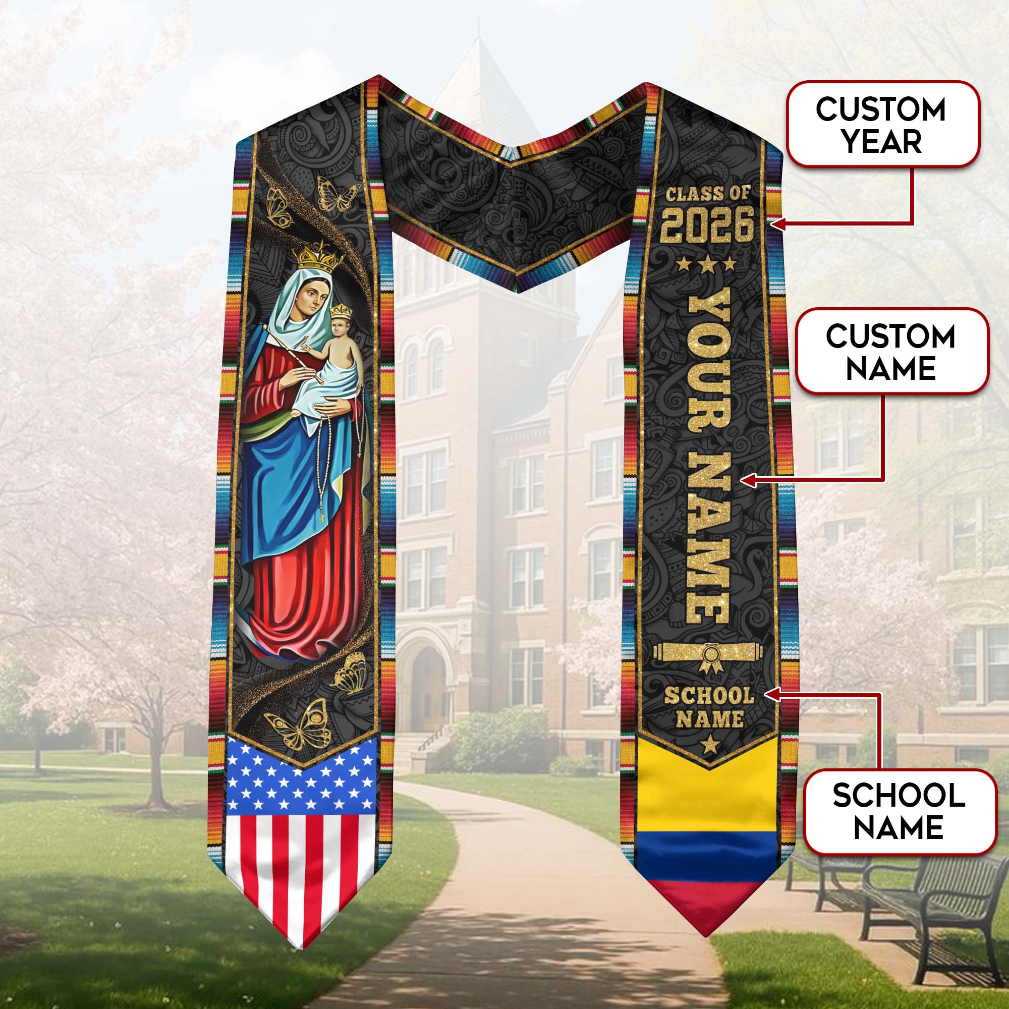 Colombian Flag Graduation Stole 2026, Colombia Sash Stole, Personalize for Grads