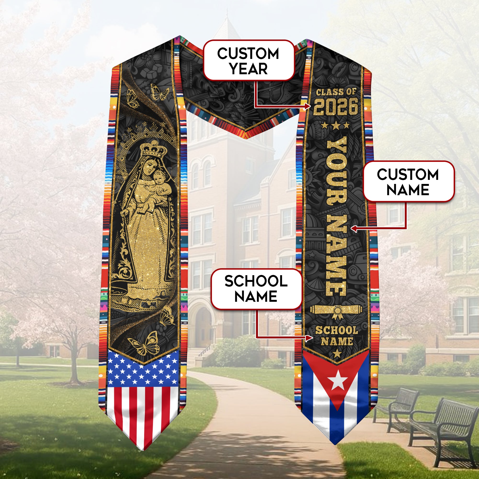 Cuban Flag Graduation Sash 2026, Cuba Graduation Stole, Bespoke Touch for Grads 2026