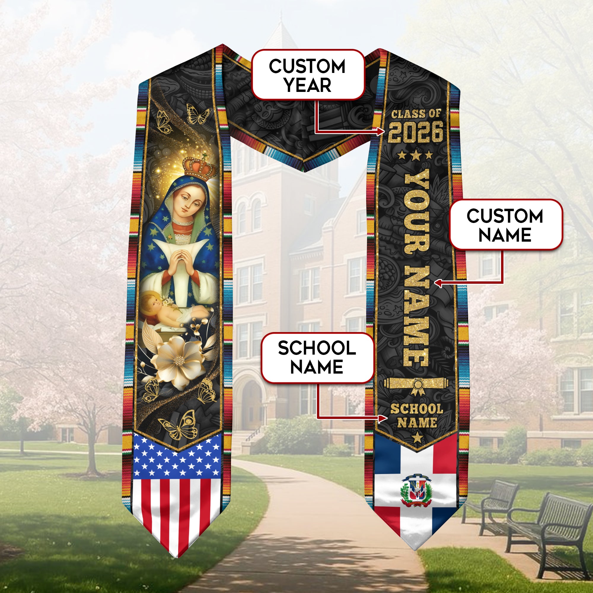 Dominican Flag Graduation Sash 2026, Dominican Graduation Stole, Bespoke Touch for Grads